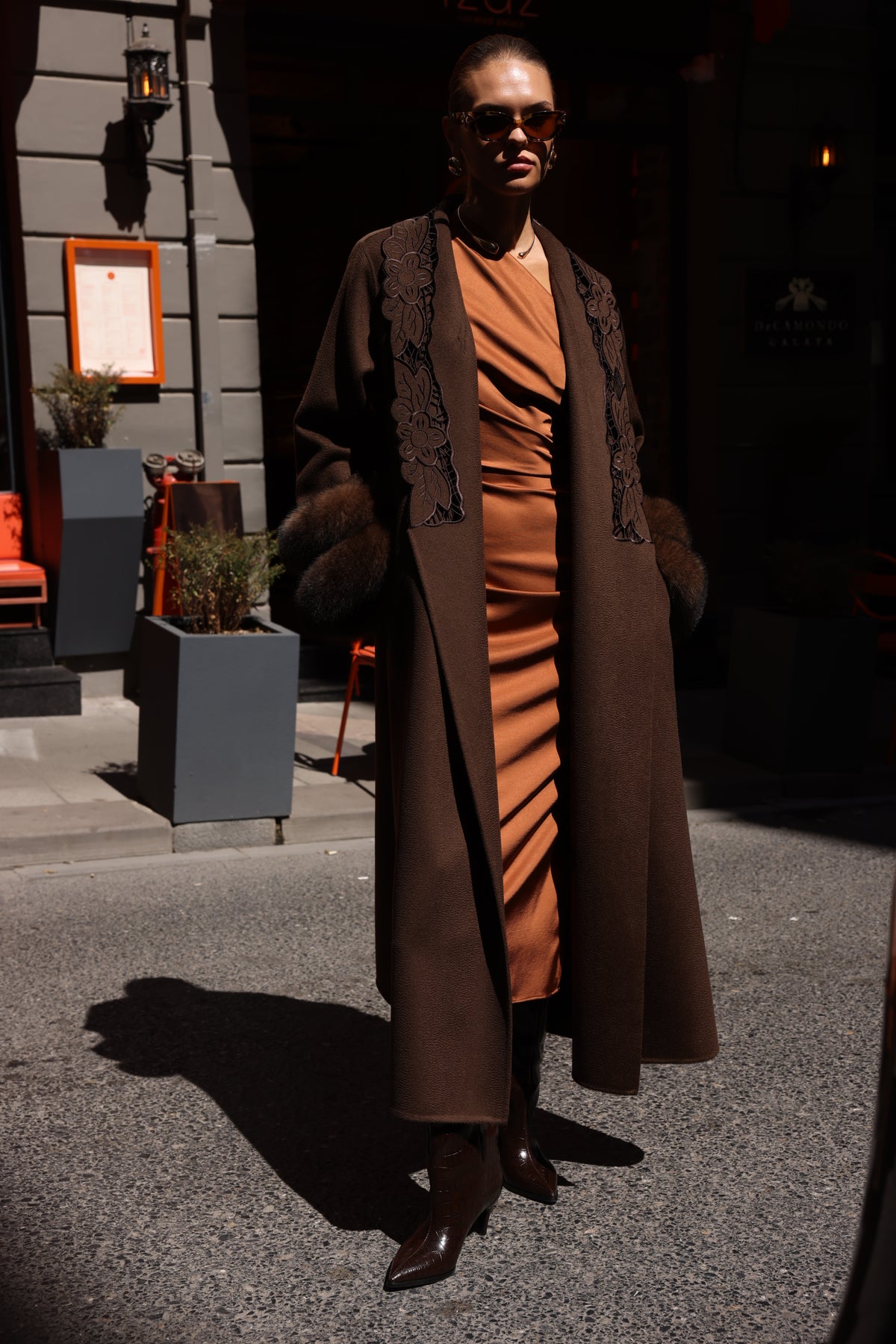 BROWN EMBROIDERED ALPACA FOX FUR COAT -9686