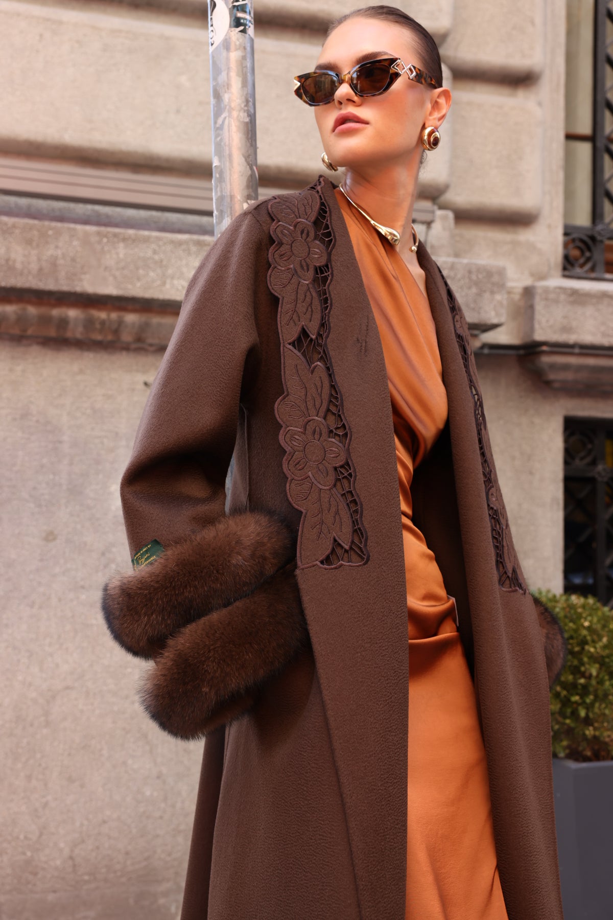 BROWN EMBROIDERED ALPACA FOX FUR COAT -9686