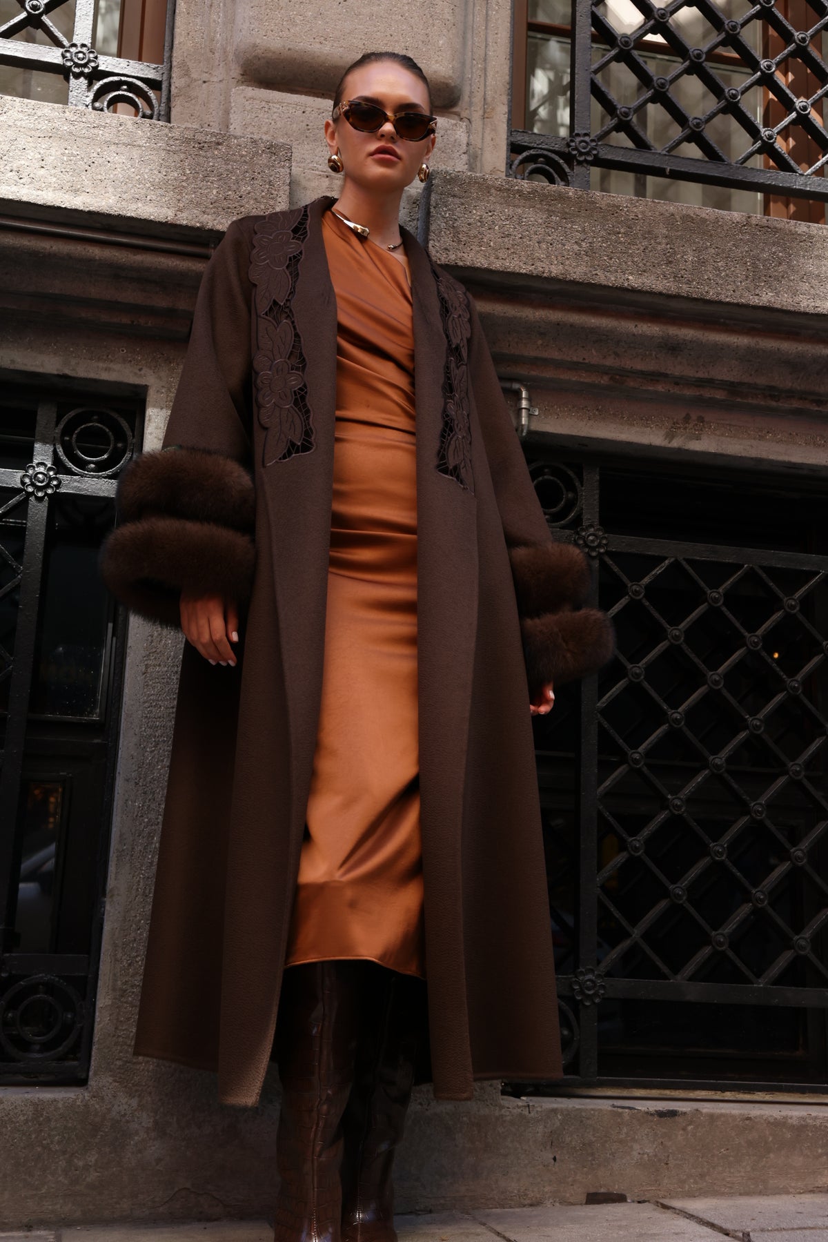 BROWN EMBROIDERED ALPACA FOX FUR COAT -9686