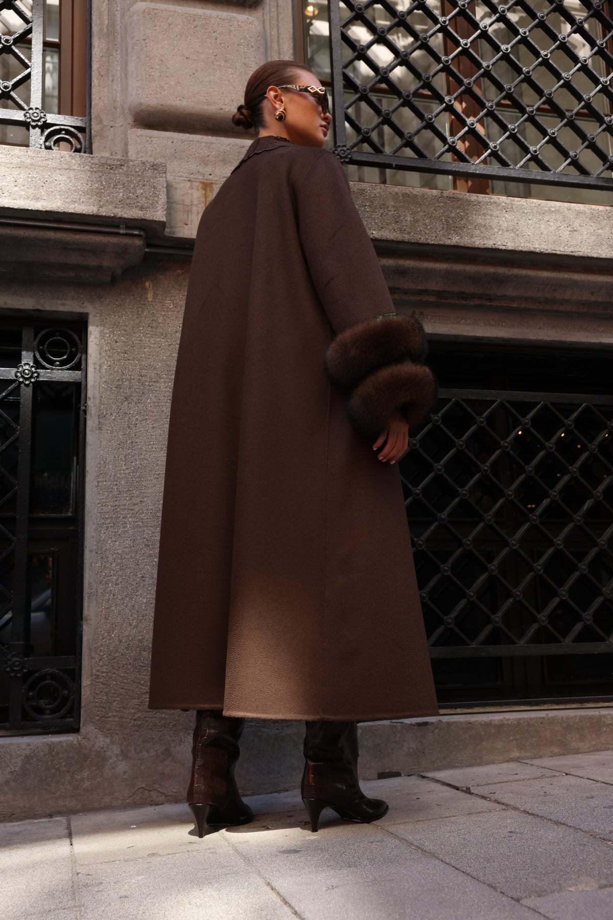 BROWN EMBROIDERED ALPACA FOX FUR COAT -9686