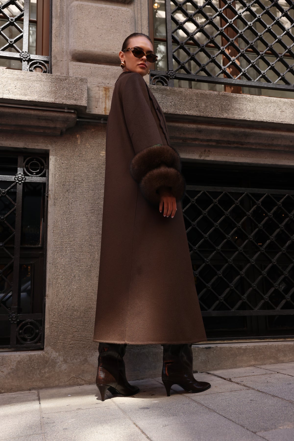 BROWN EMBROIDERED ALPACA FOX FUR COAT -9686