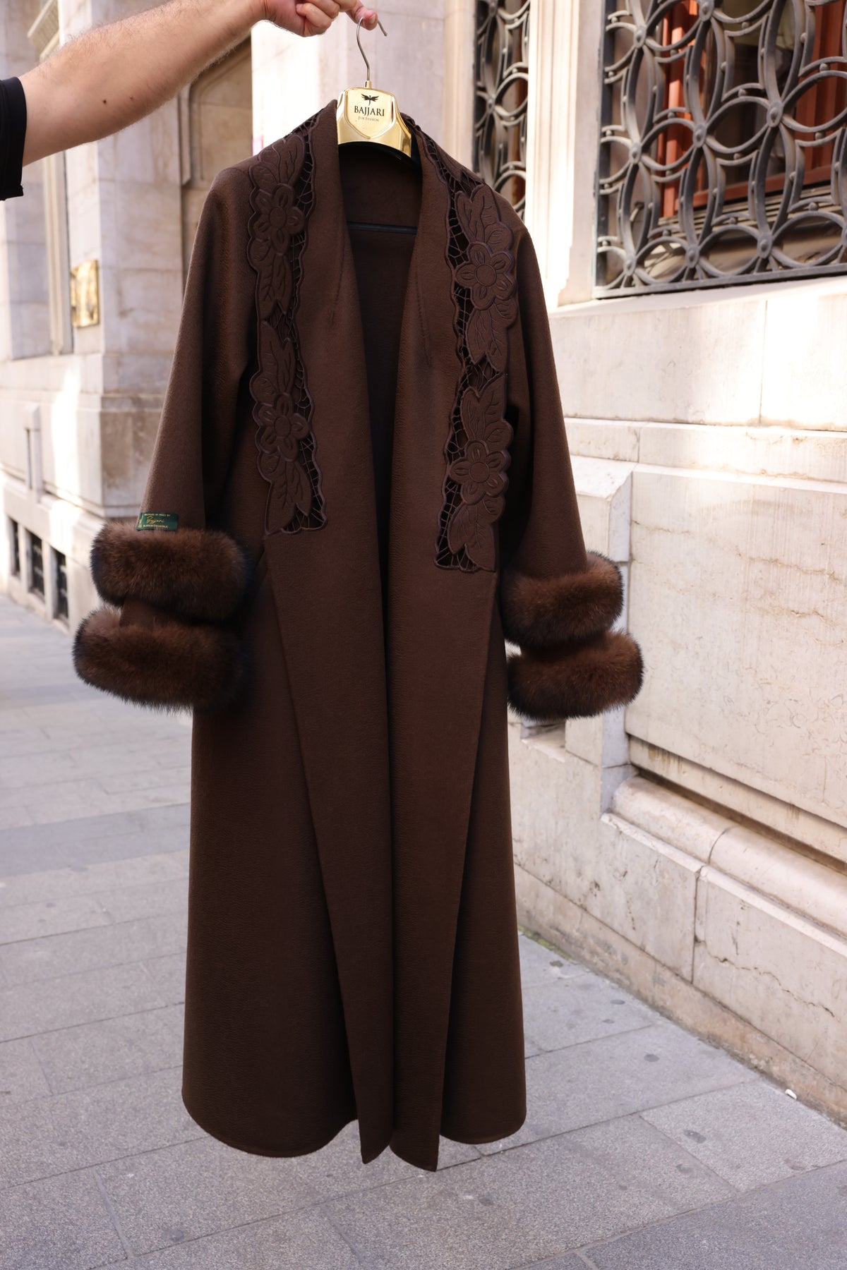 BROWN EMBROIDERED ALPACA FOX FUR COAT -9686