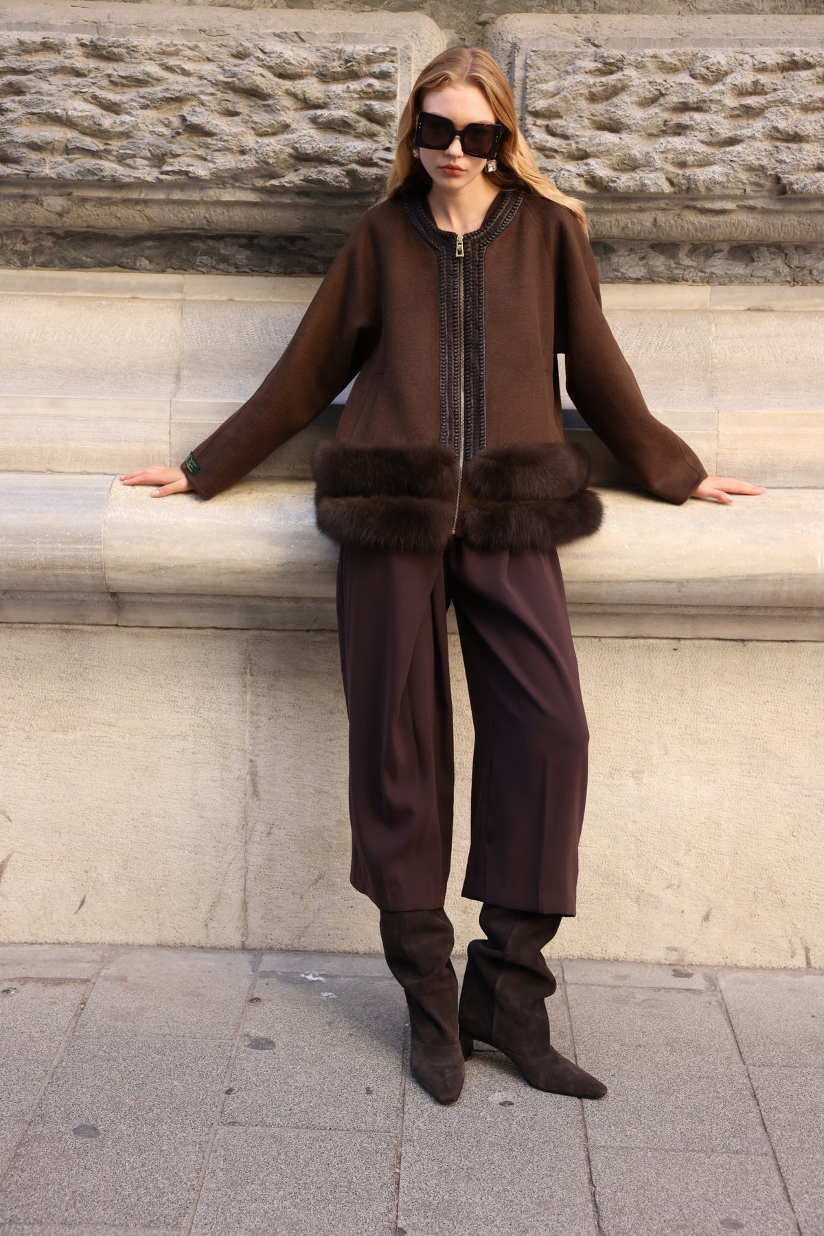 BROWN EMBROIDERED ALPACA FOX FUR JACKET -9679
