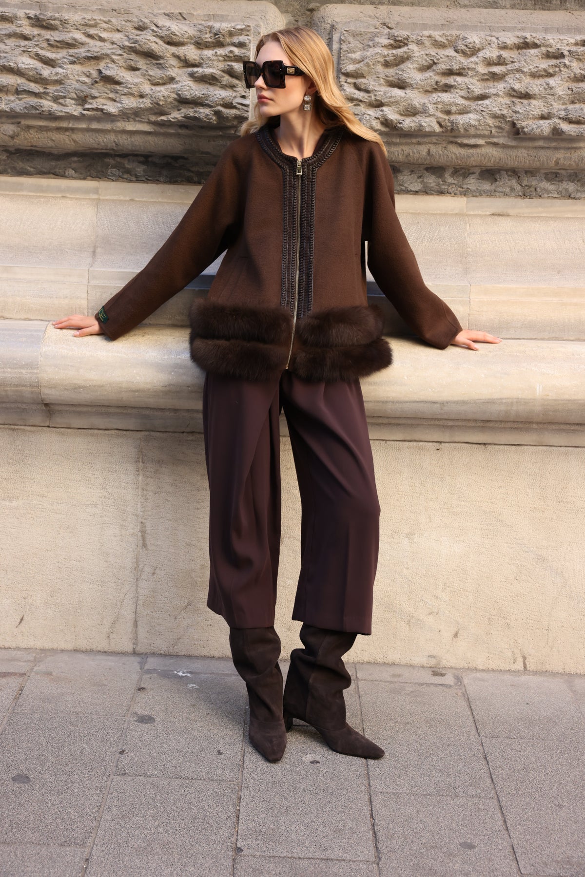 BROWN EMBROIDERED ALPACA FOX FUR JACKET -9679