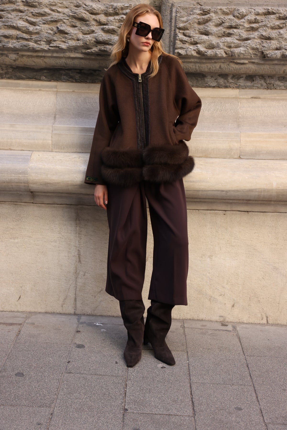 BROWN EMBROIDERED ALPACA FOX FUR JACKET -9679