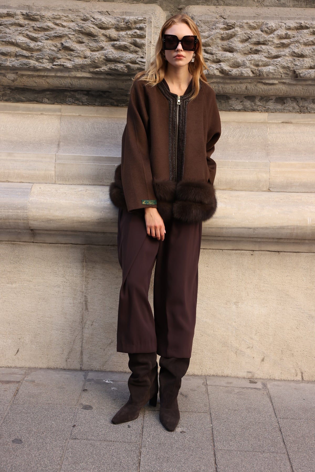 BROWN EMBROIDERED ALPACA FOX FUR JACKET -9679