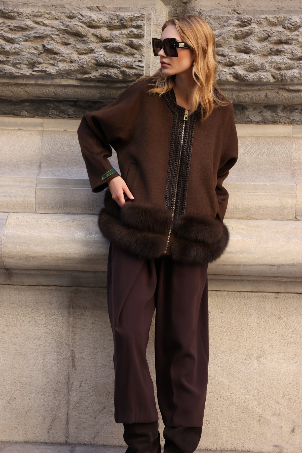 BROWN EMBROIDERED ALPACA FOX FUR JACKET -9679