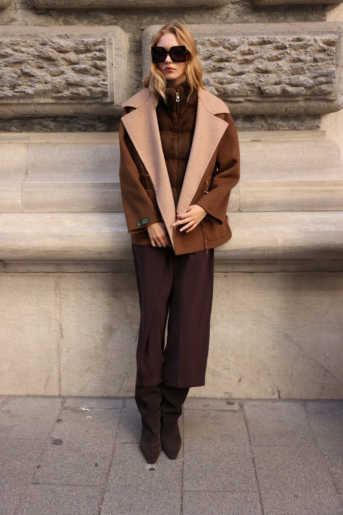 BEIGE BROWN ALPACA MINK FUR VEST JACKET -9478