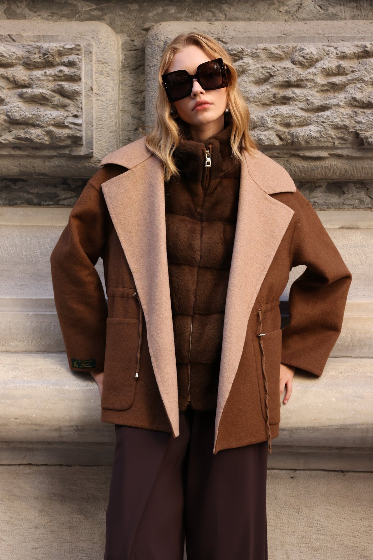BEIGE BROWN ALPACA MINK FUR VEST JACKET -9478