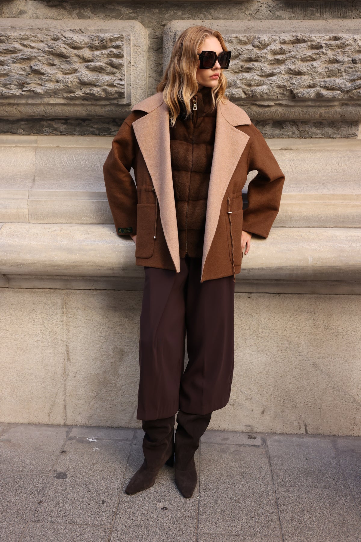 BEIGE BROWN ALPACA MINK FUR VEST JACKET -9478