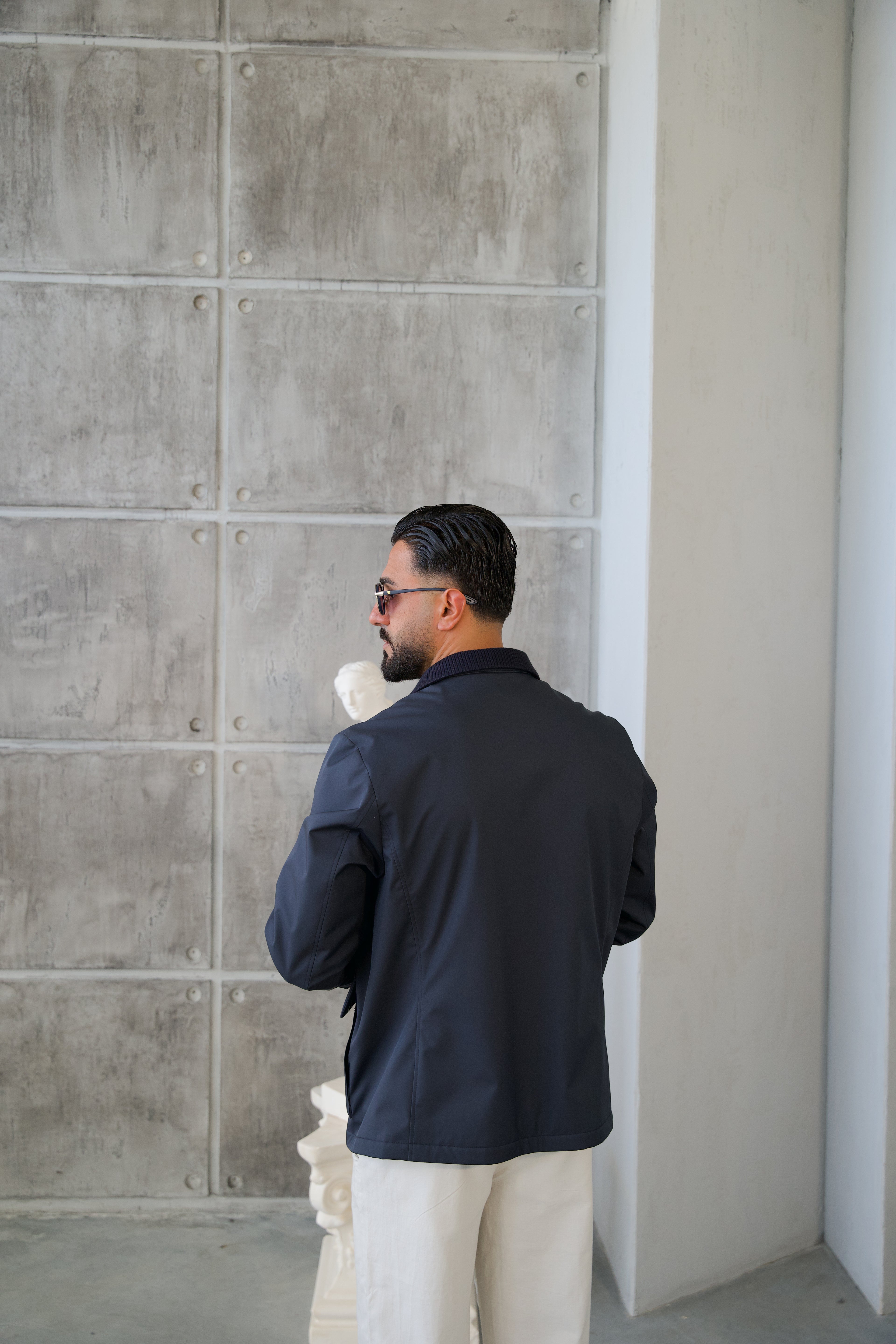 Men's Jacket with Double Pockets and Knitted Collar