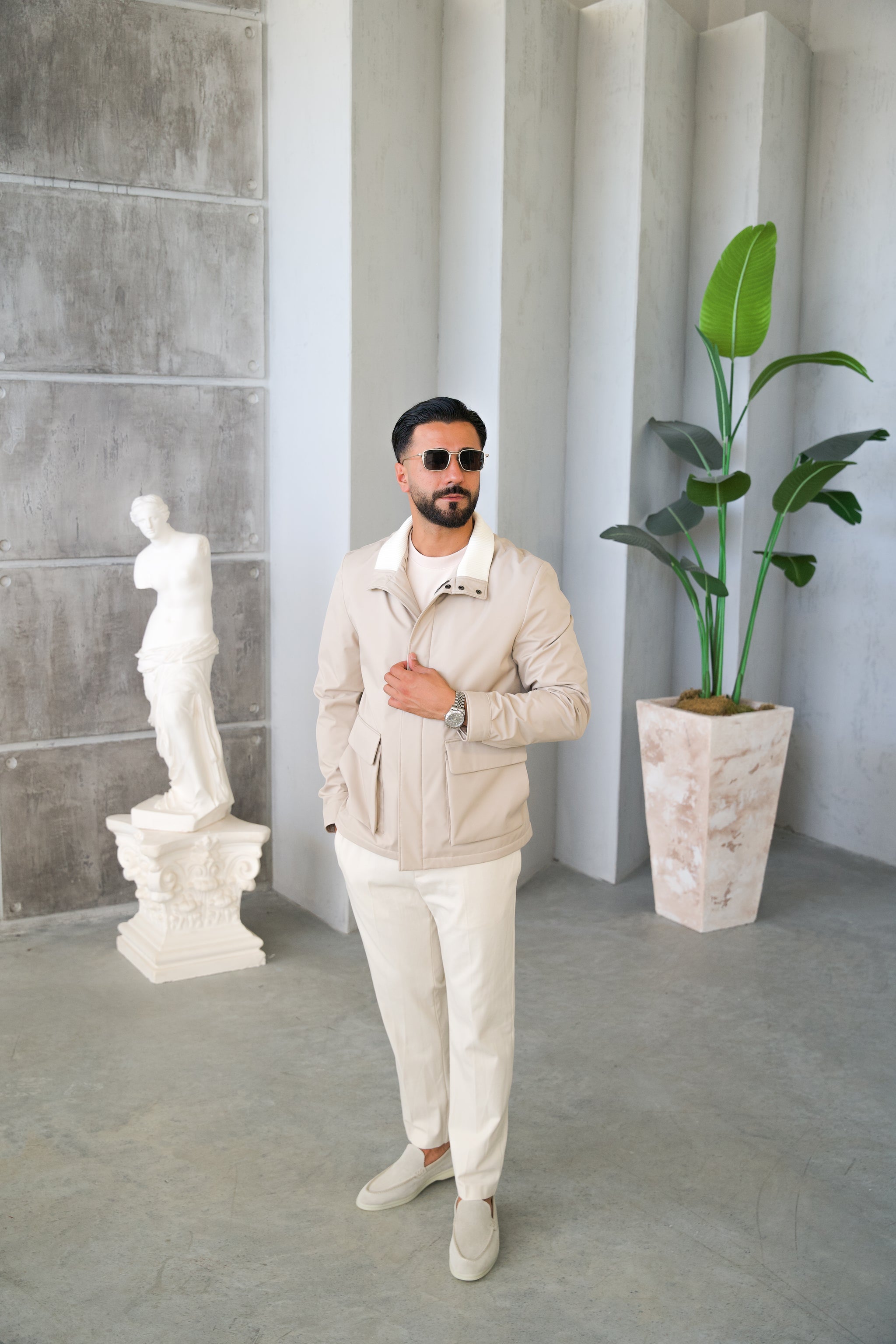 Men's Jacket with Double Pockets and Knitted Collar