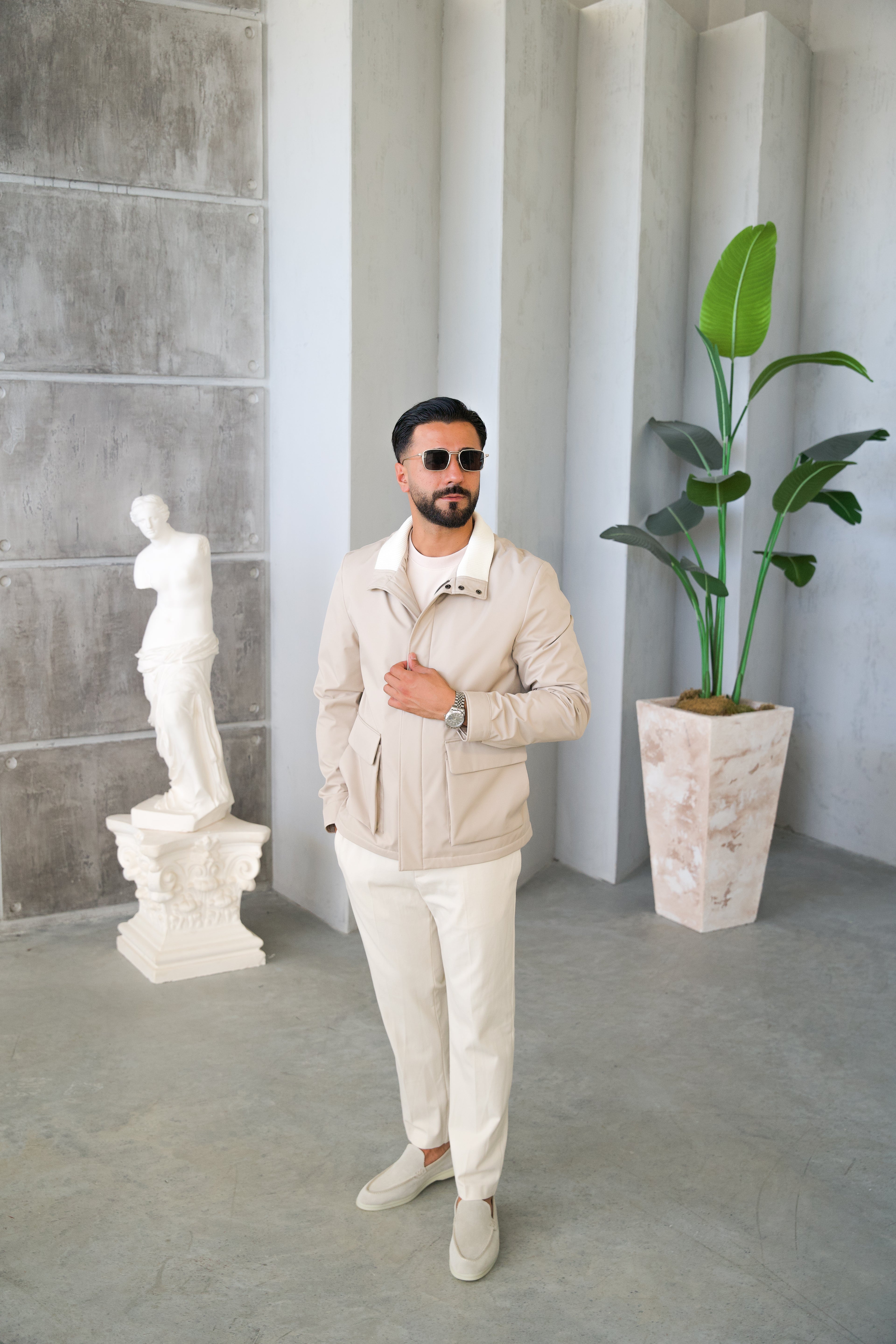 Men's Jacket with Double Pockets and Knitted Collar