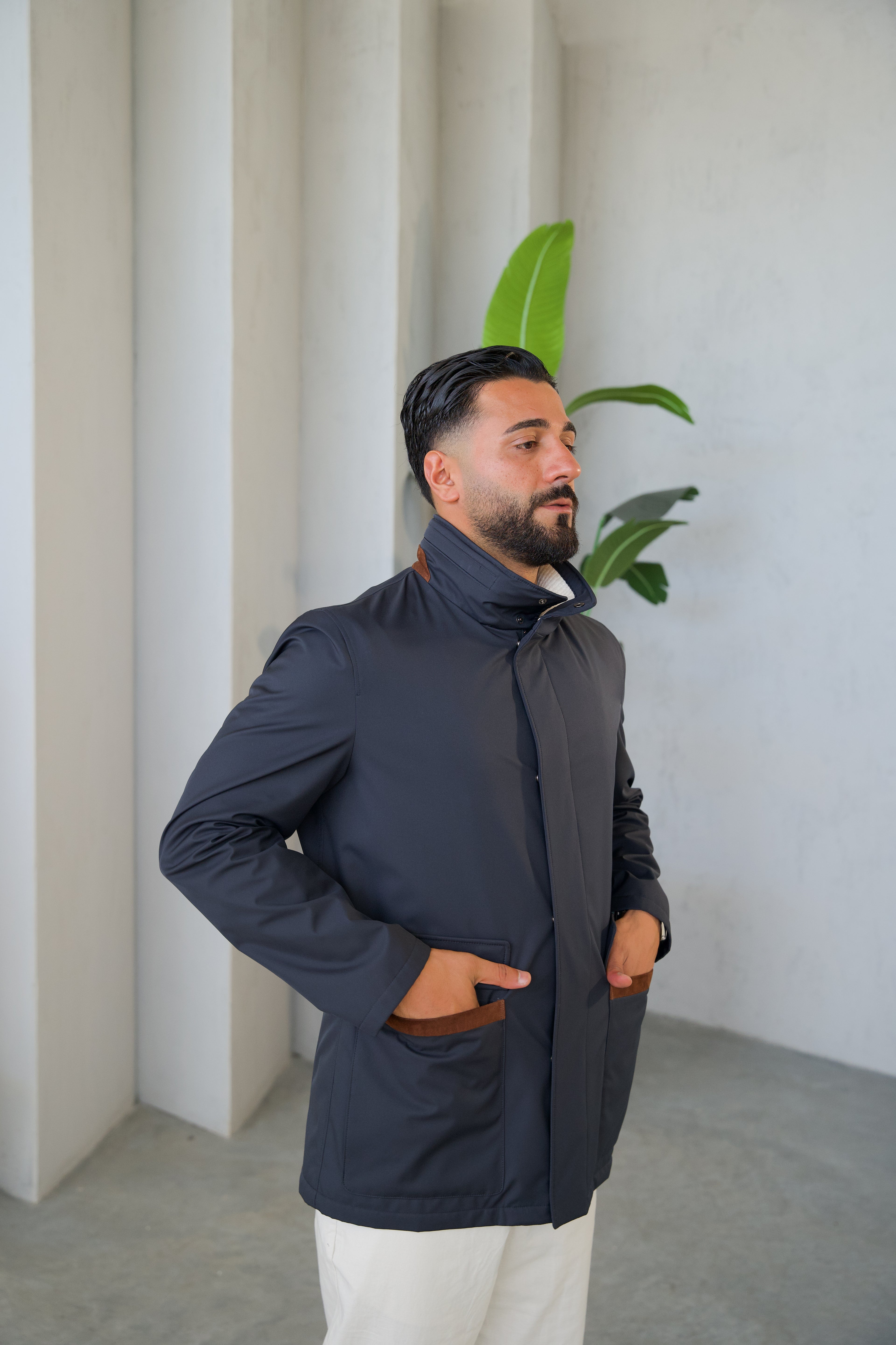 Men's Jacket with Double Pockets and Knitted Collar