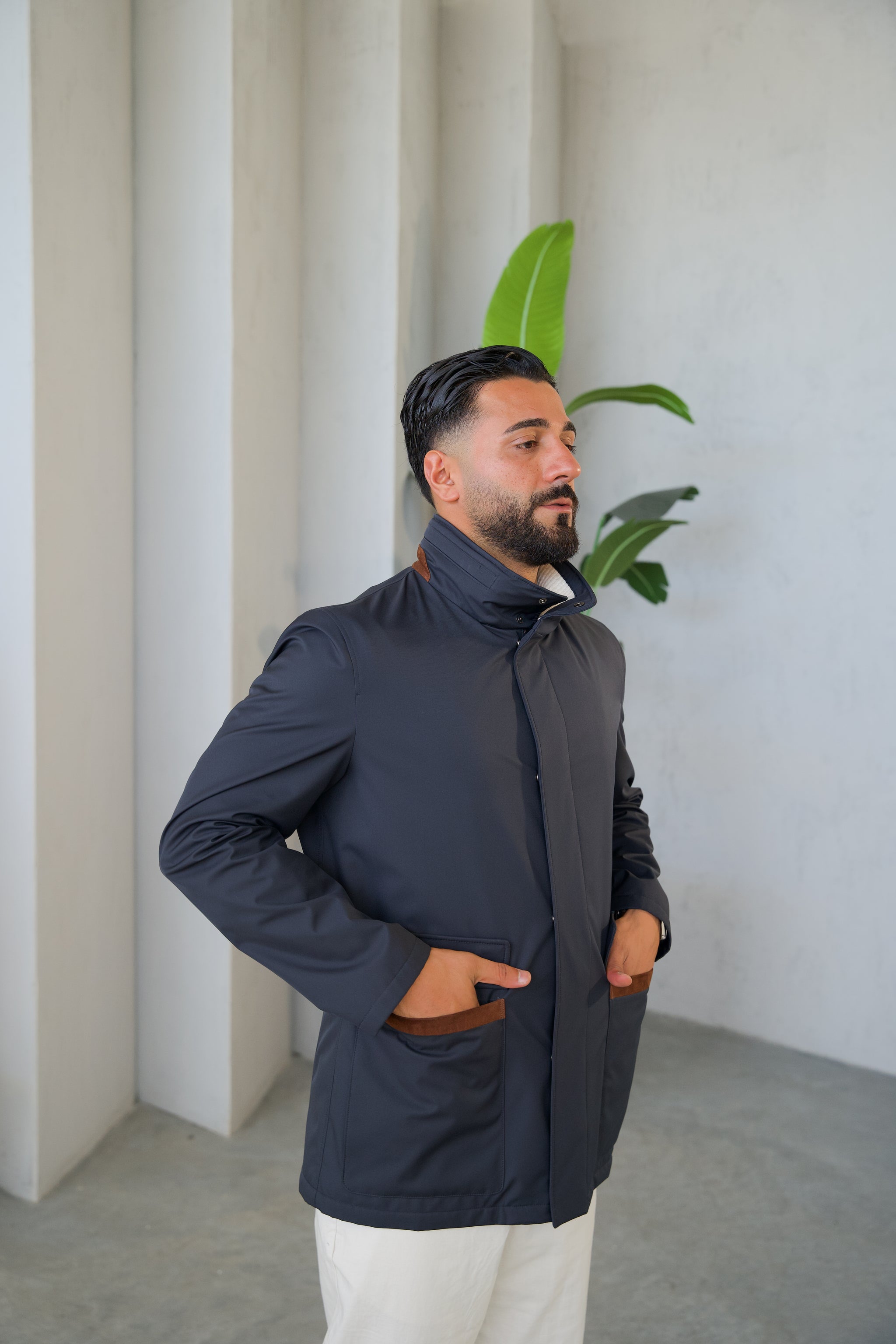 Men's Jacket with Double Pockets and Knitted Collar