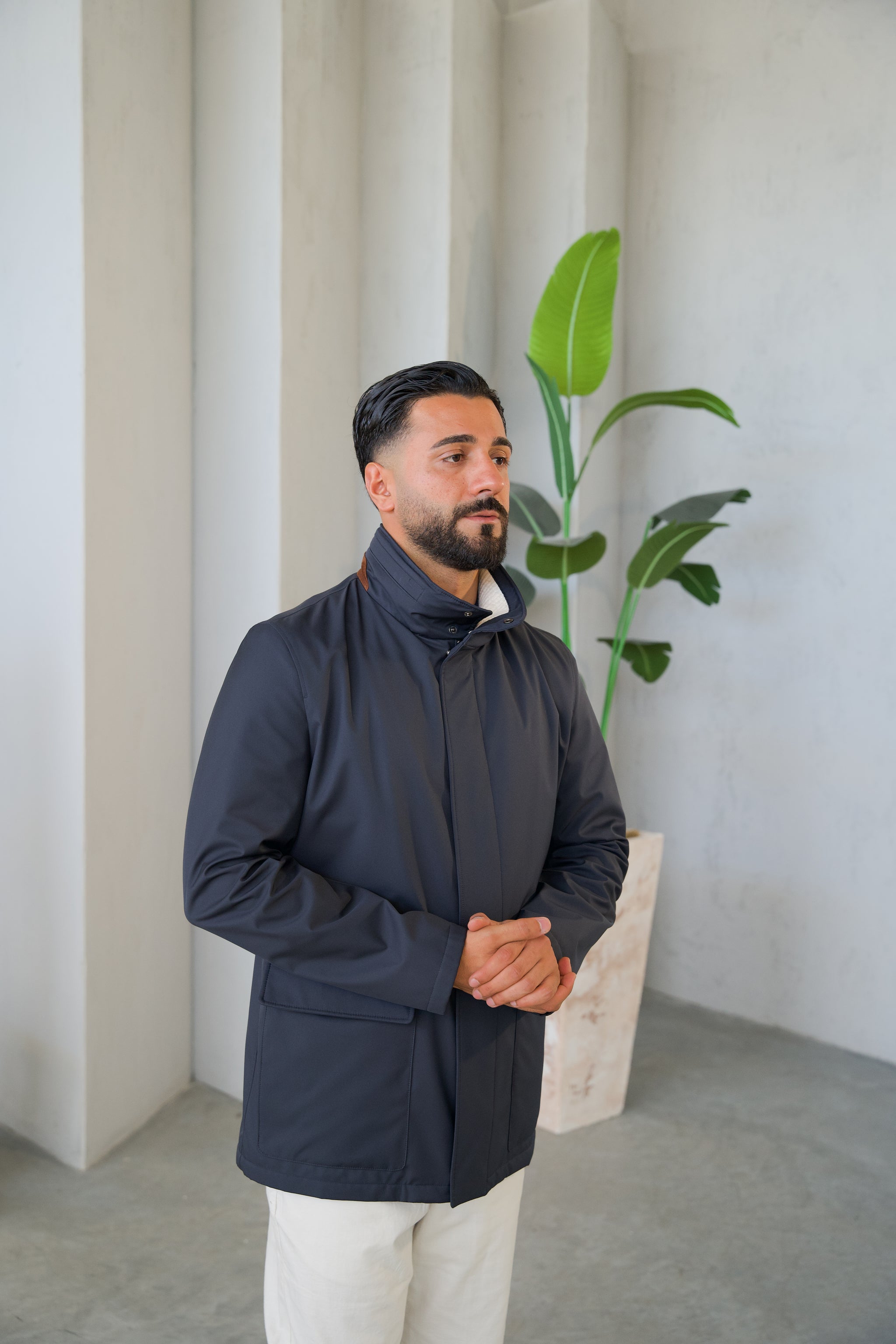Men's Jacket with Double Pockets and Knitted Collar
