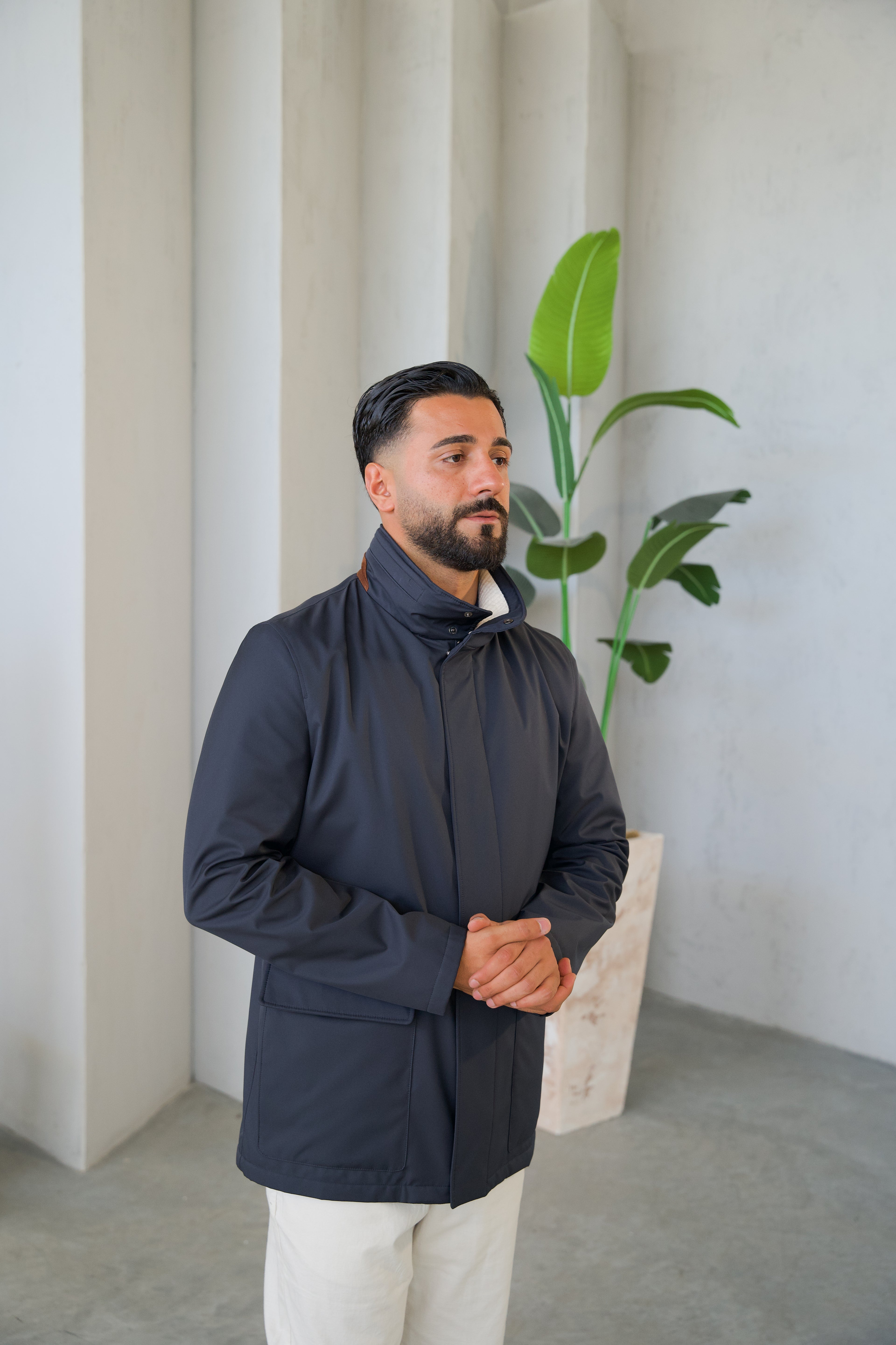 Men's Jacket with Double Pockets and Knitted Collar