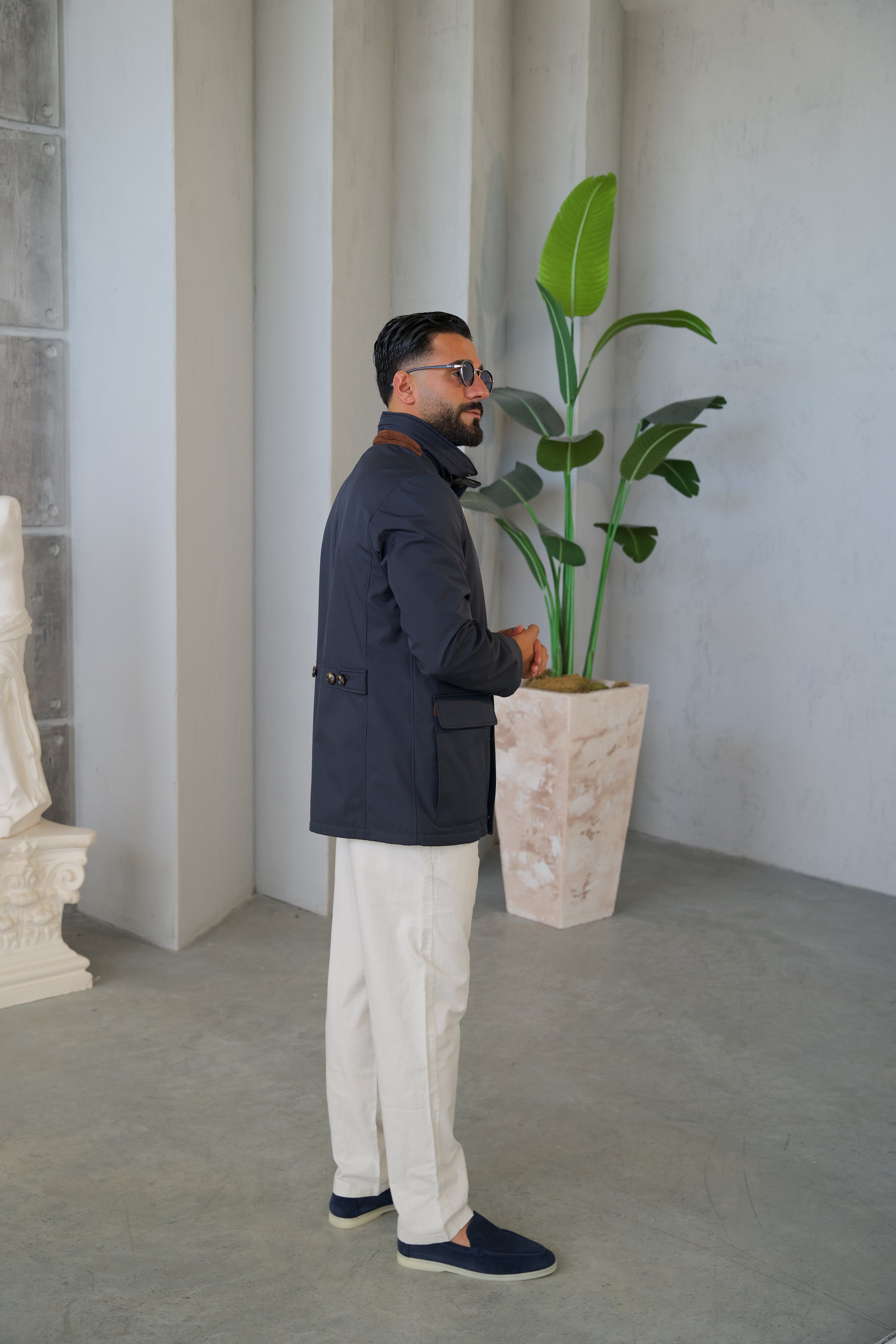 Men's Jacket with Double Pockets and Knitted Collar