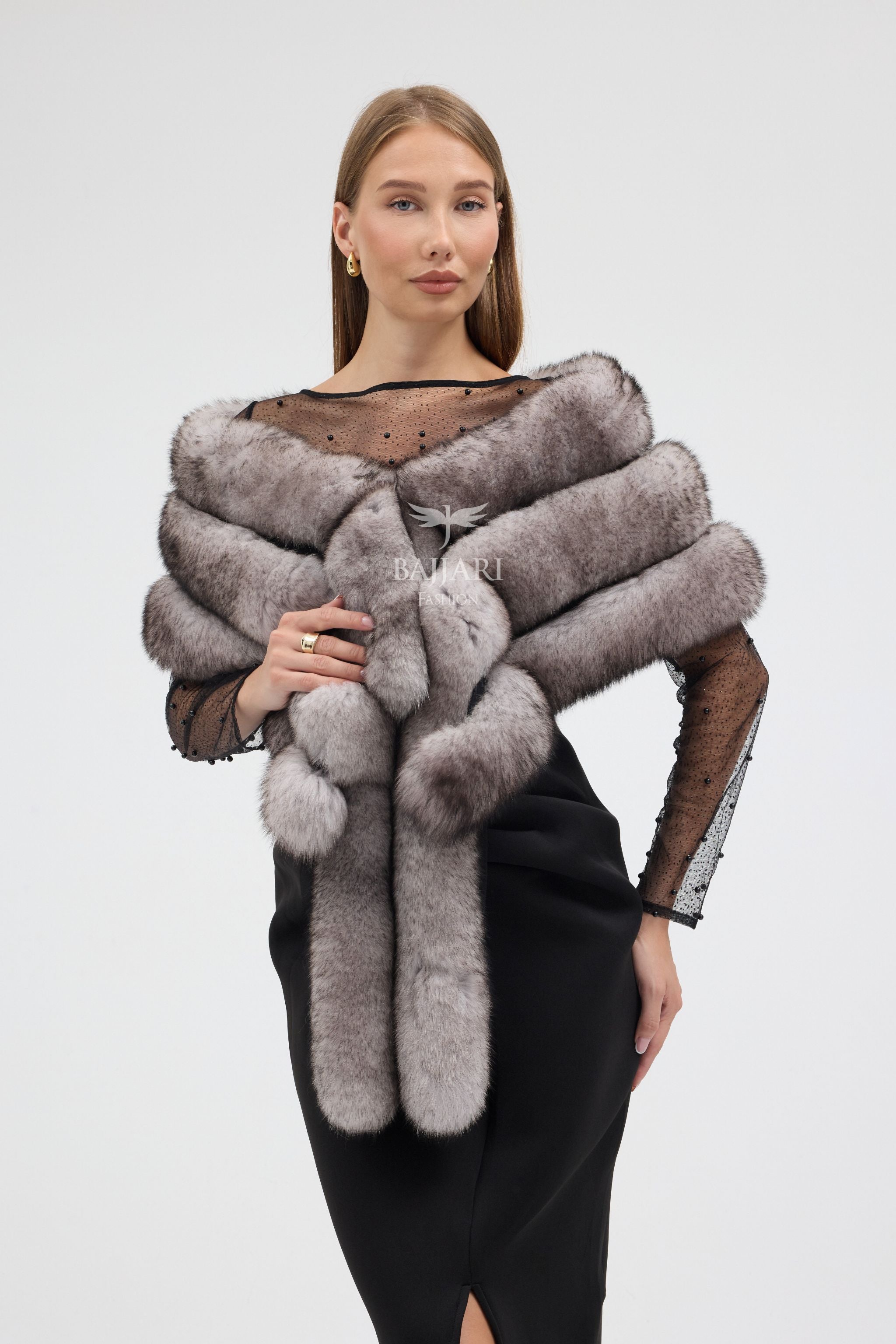 Natural Black Fox Tail Fur Shawl