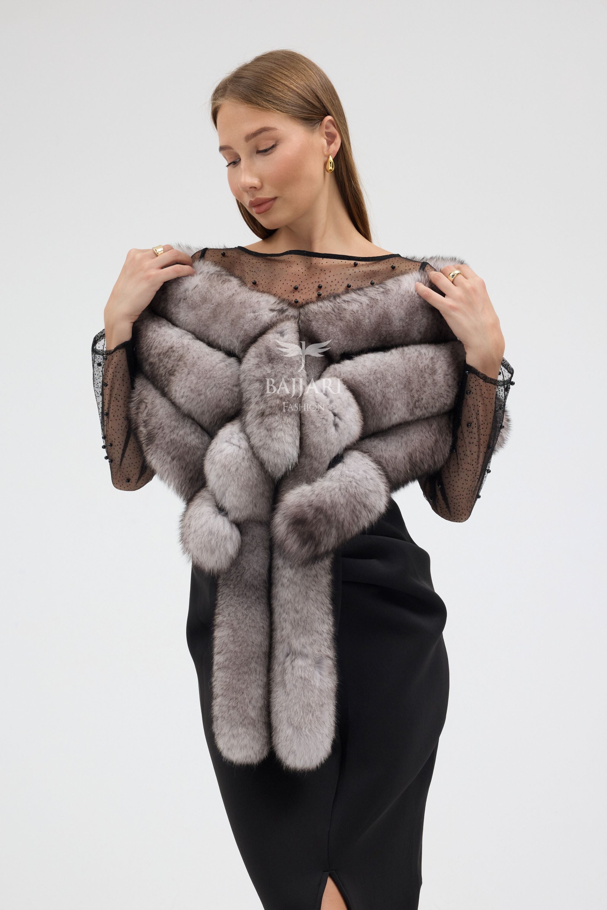 Natural Black Fox Tail Fur Shawl