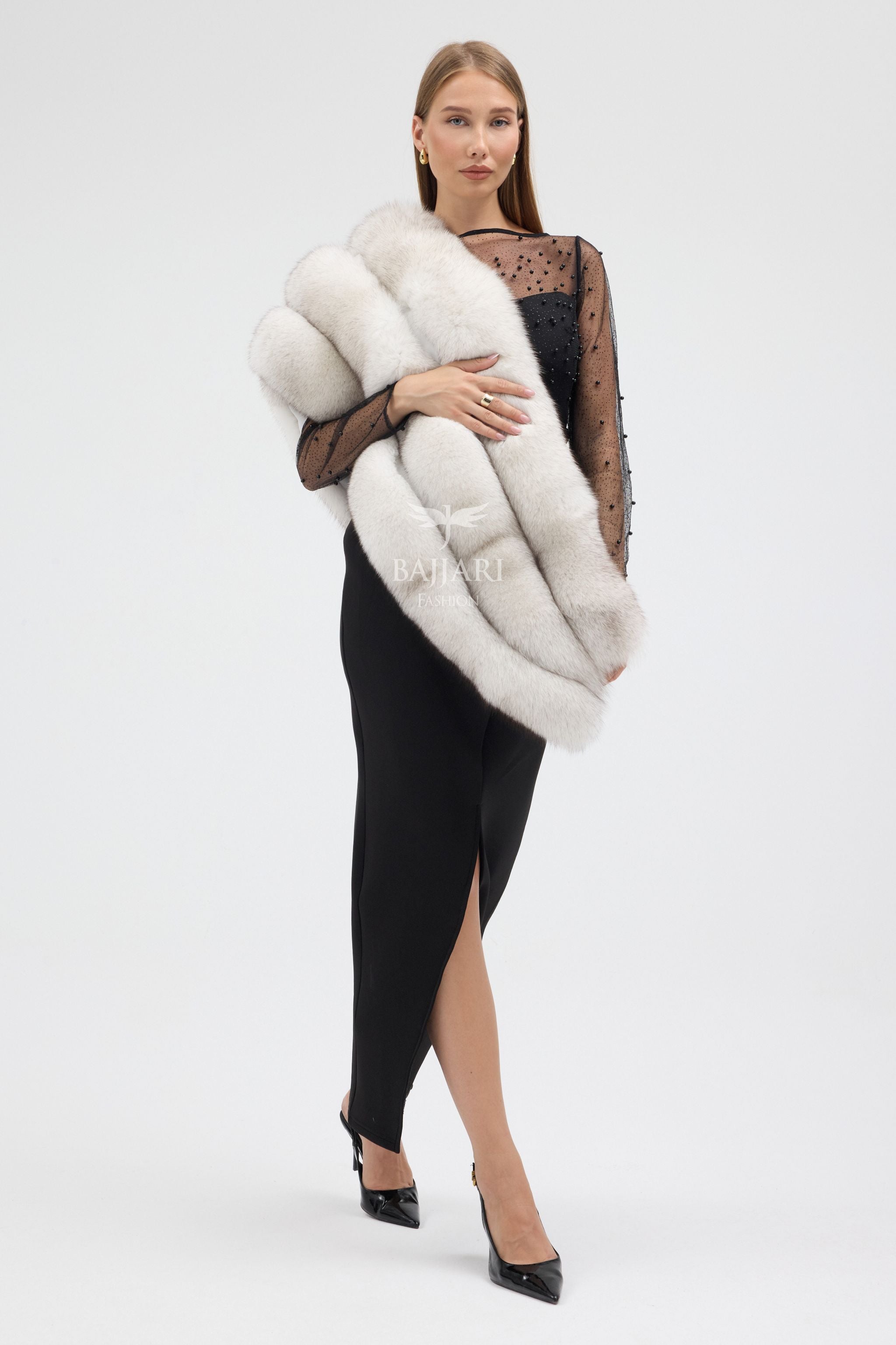 Natural White Shadow Fox Fur Shawl