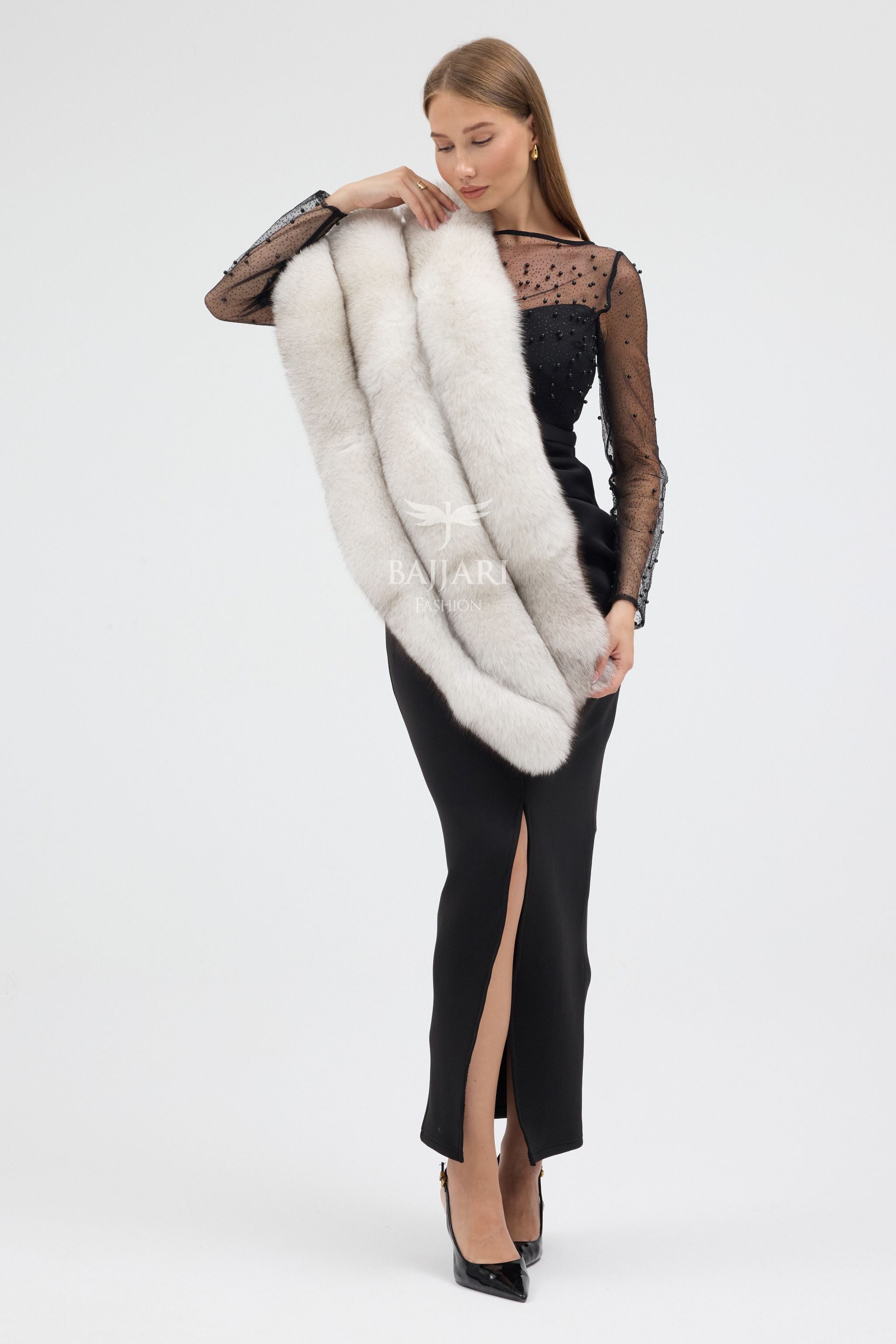Natural White Shadow Fox Fur Shawl