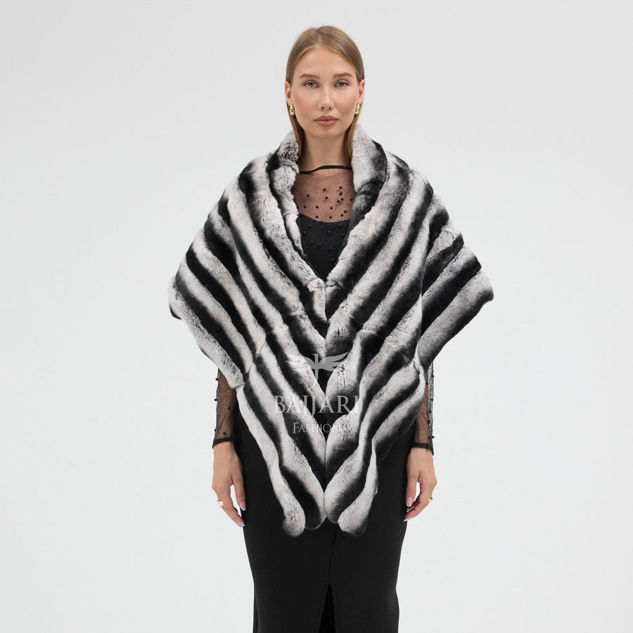 Black and White Striped Real Rabbit Rex Fur Shawl