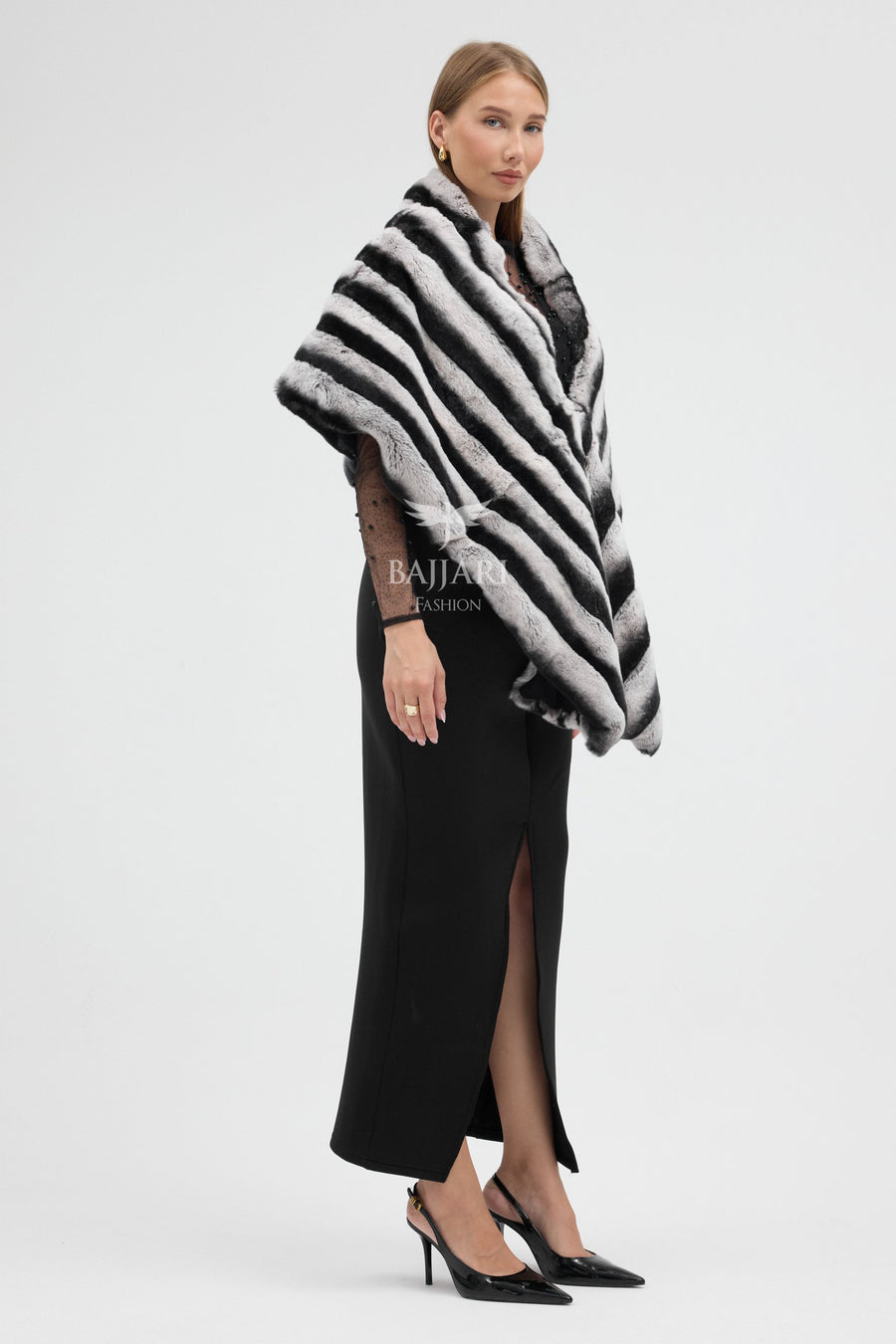 Black and White Striped Real Rabbit Rex Fur Shawl