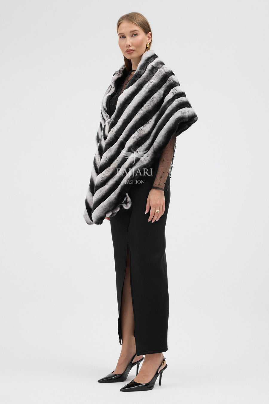 Black and White Striped Real Rabbit Rex Fur Shawl