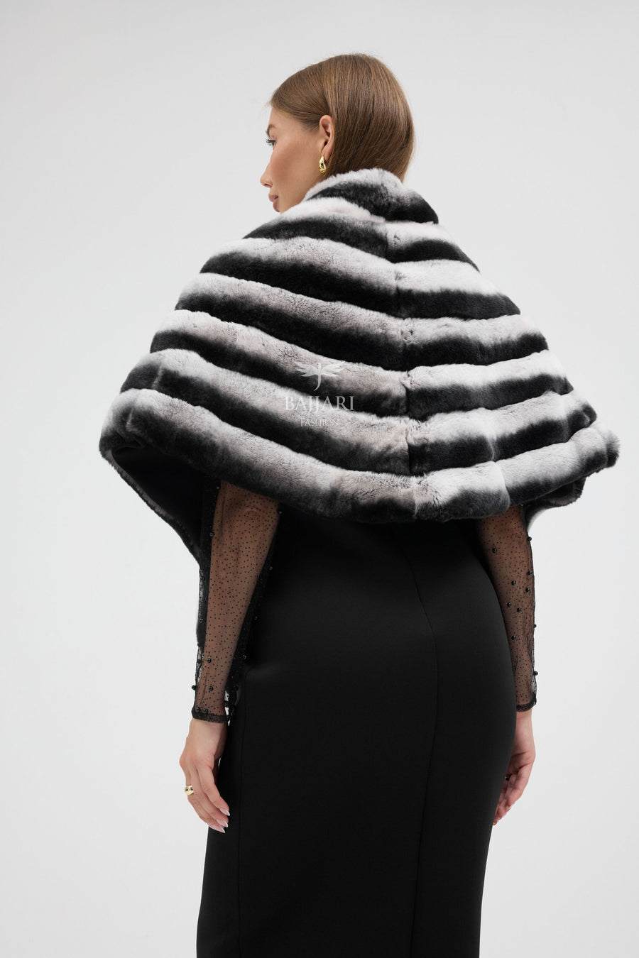 Black and White Striped Real Rabbit Rex Fur Shawl