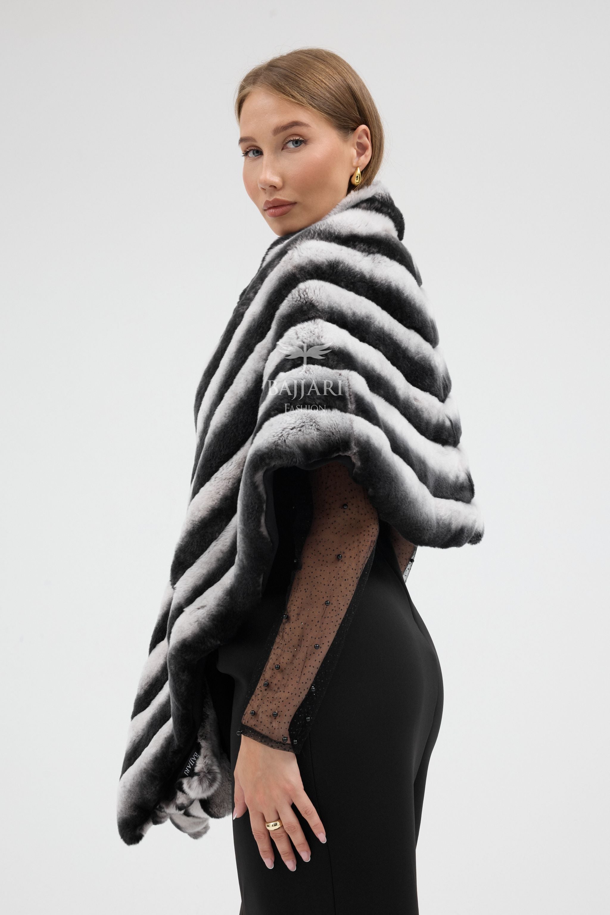 Black and White Striped Real Rabbit Rex Fur Shawl