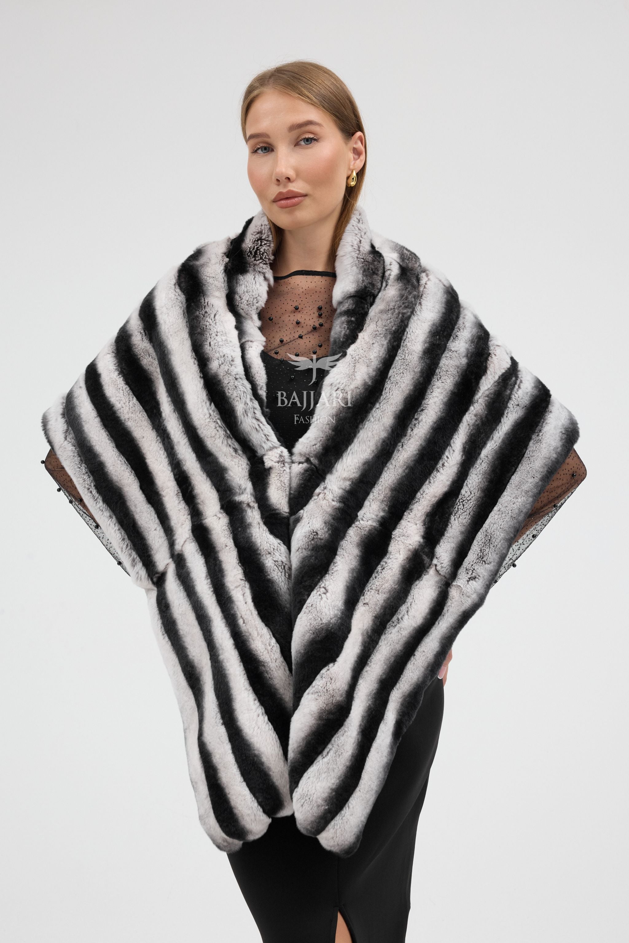 Black and White Striped Real Rabbit Rex Fur Shawl