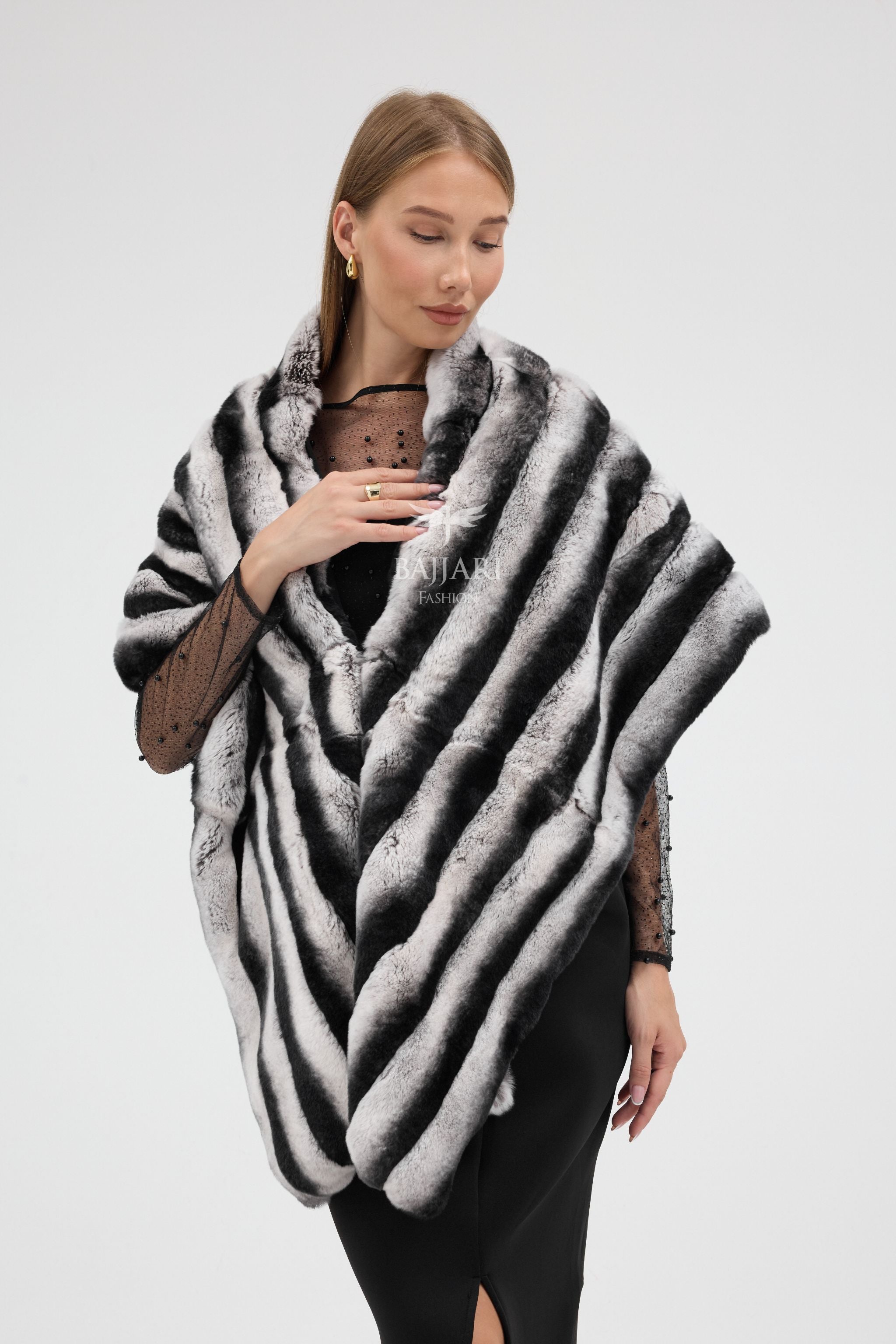 Black and White Striped Real Rabbit Rex Fur Shawl