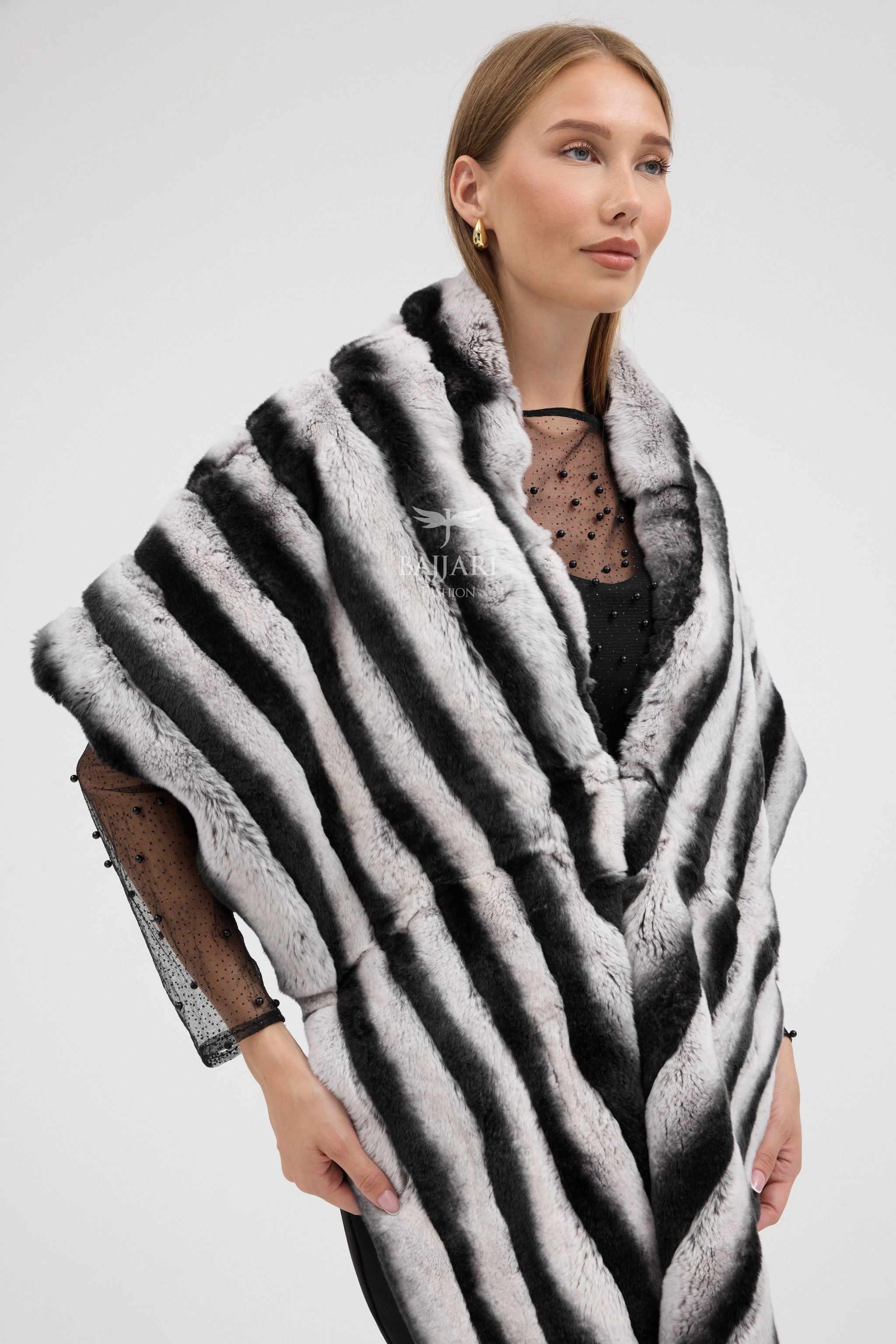 Black and White Striped Real Rabbit Rex Fur Shawl