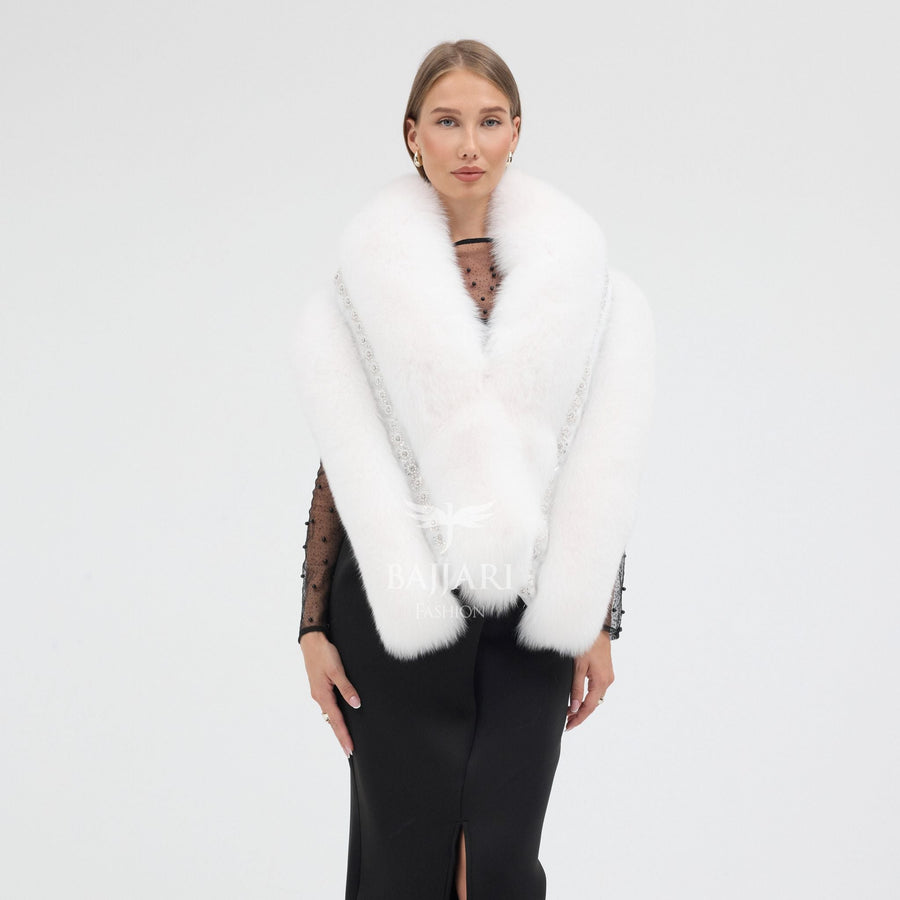 Special Stone Embroidered White Fox Fur Shawl