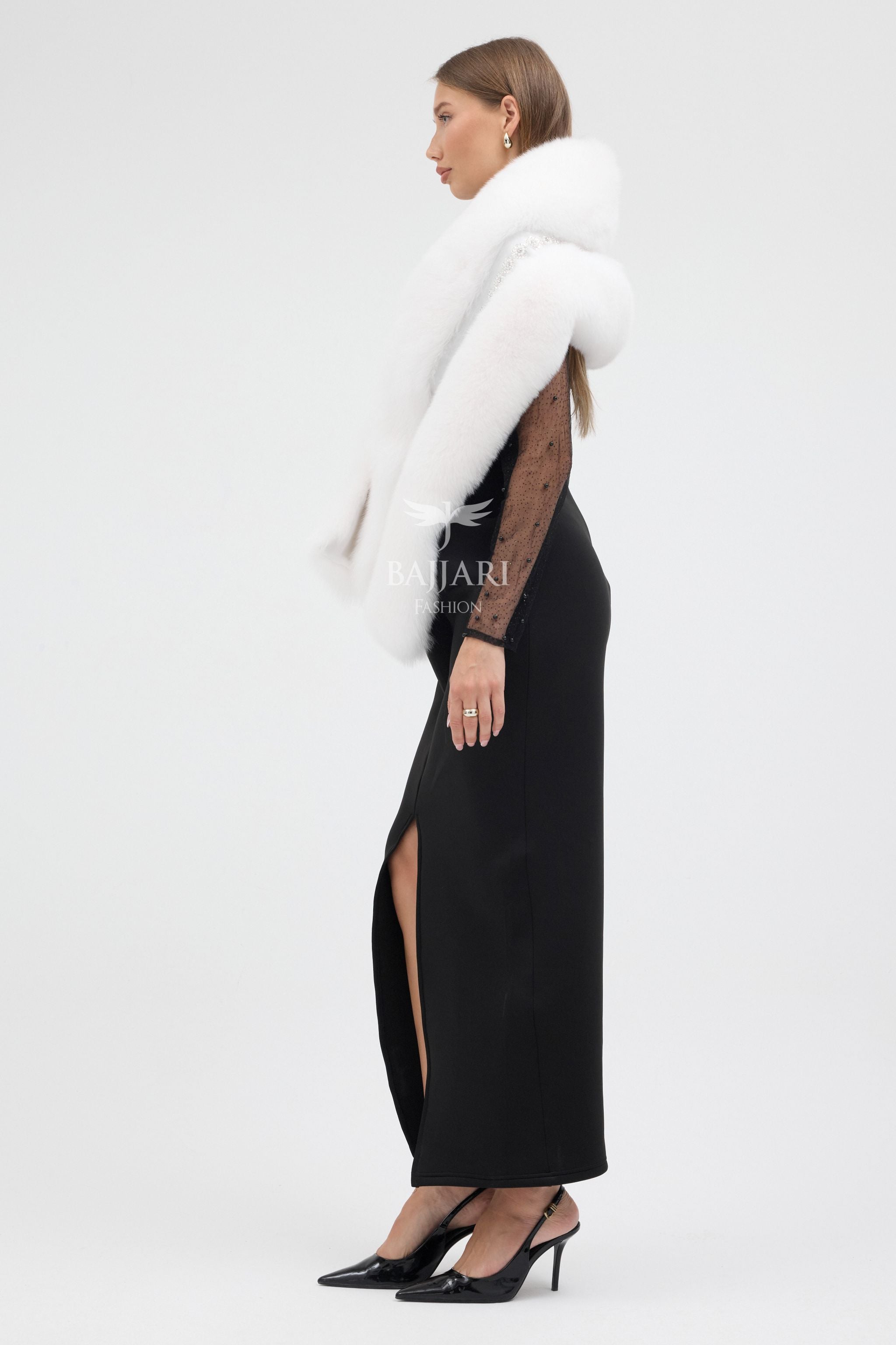 Special Stone Embroidered White Fox Fur Shawl