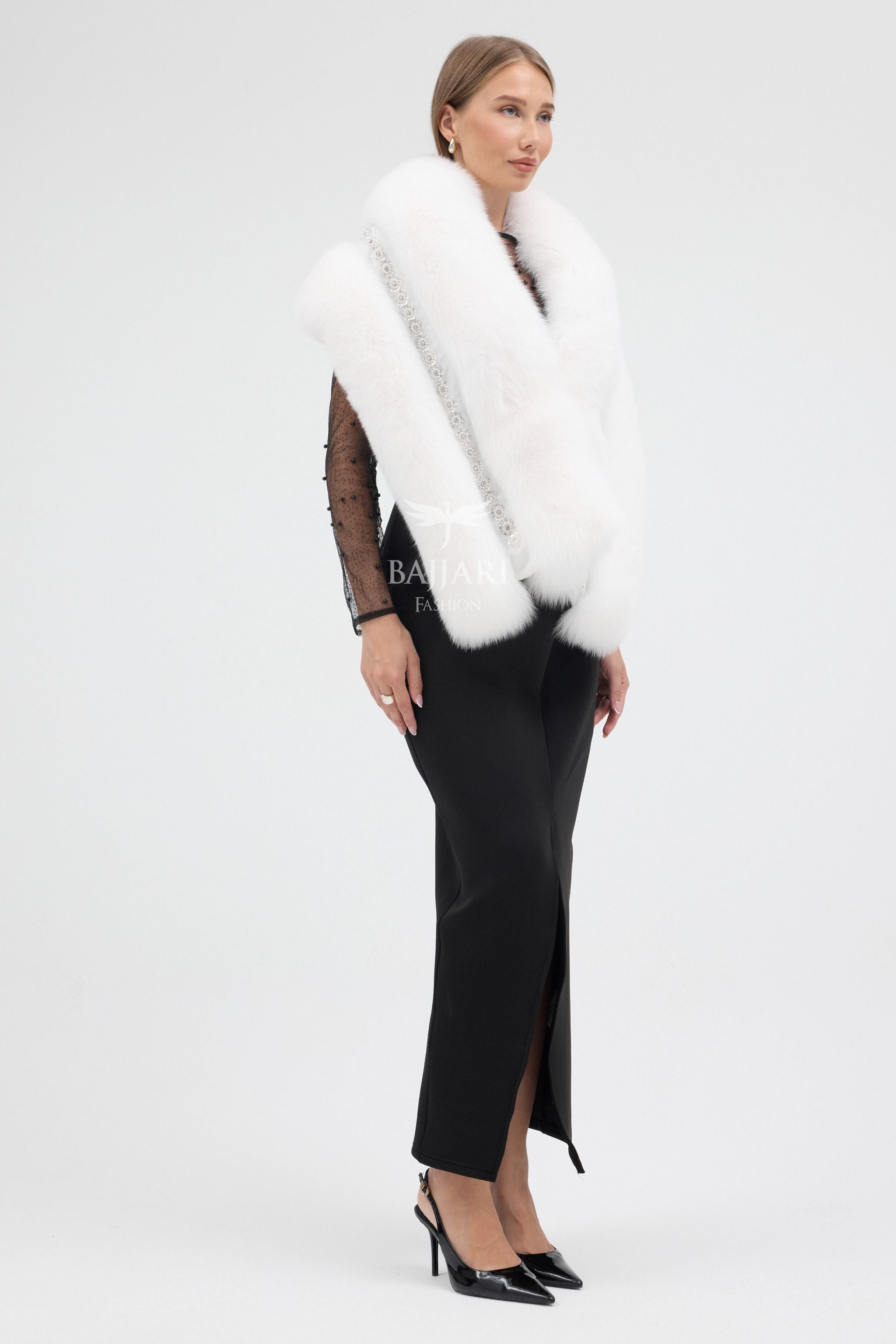Special Stone Embroidered White Fox Fur Shawl