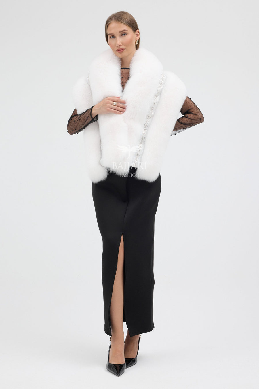 Special Stone Embroidered White Fox Fur Shawl