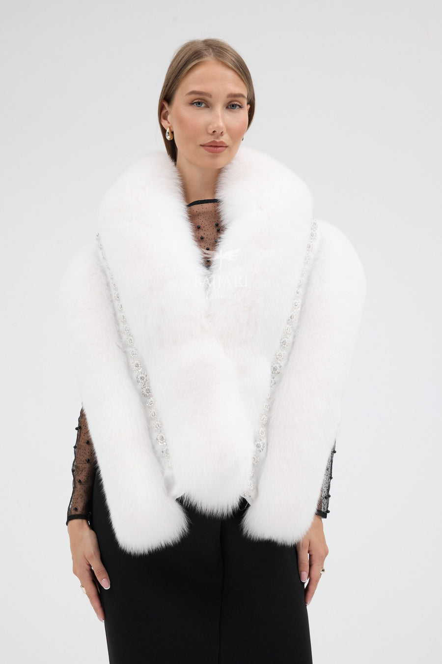 Special Stone Embroidered White Fox Fur Shawl