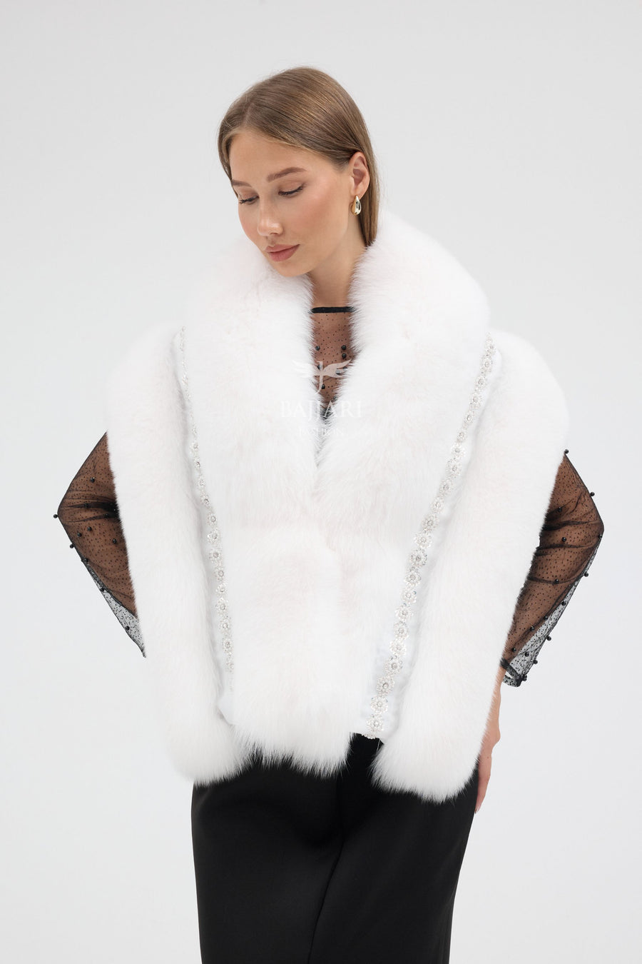 Special Stone Embroidered White Fox Fur Shawl