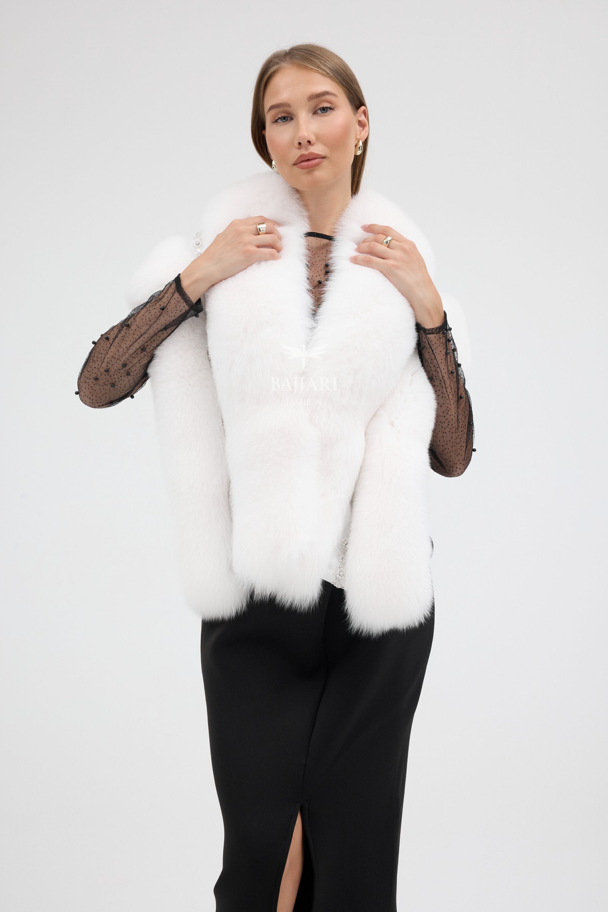 Special Stone Embroidered White Fox Fur Shawl