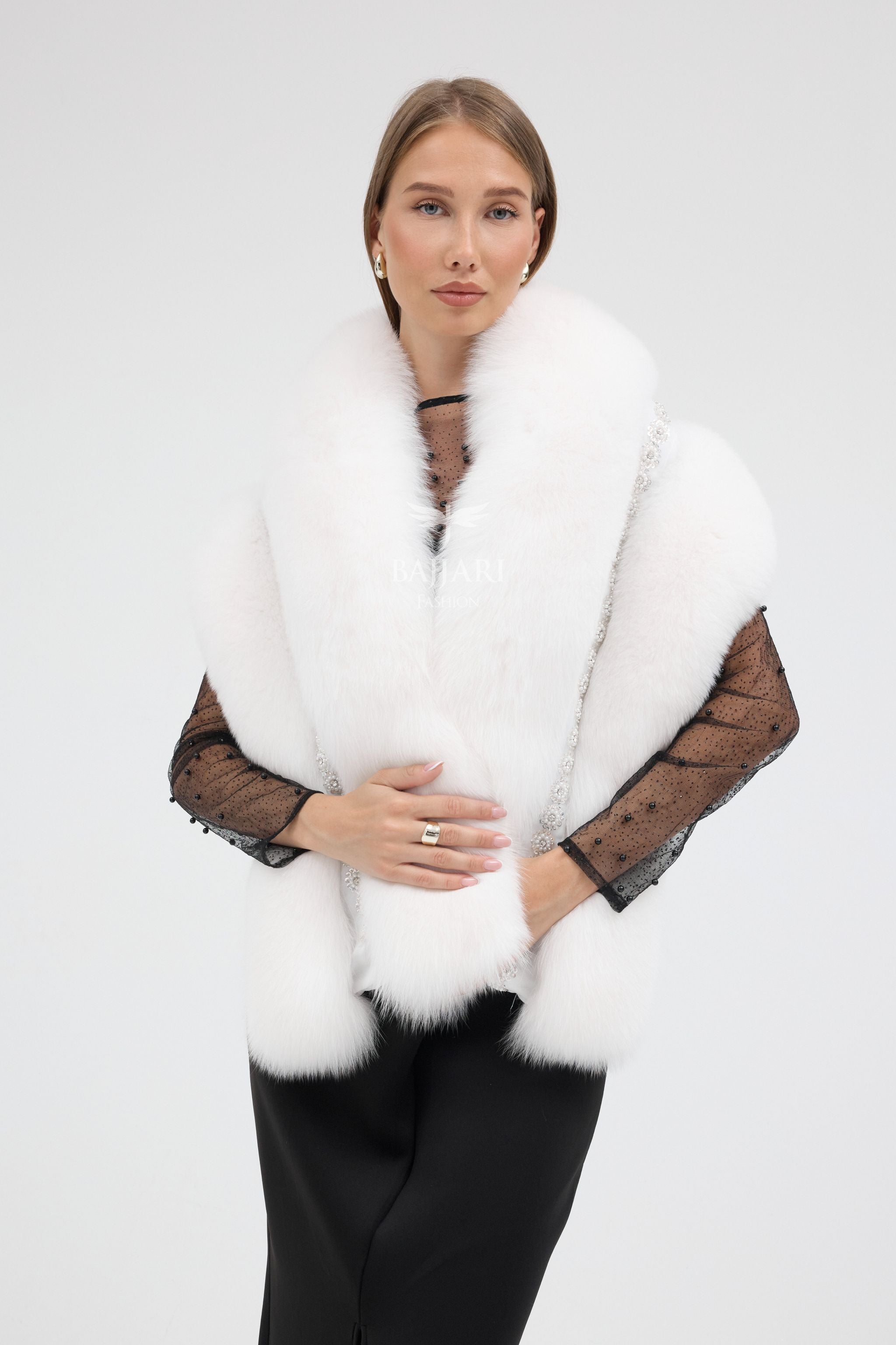 Special Stone Embroidered White Fox Fur Shawl
