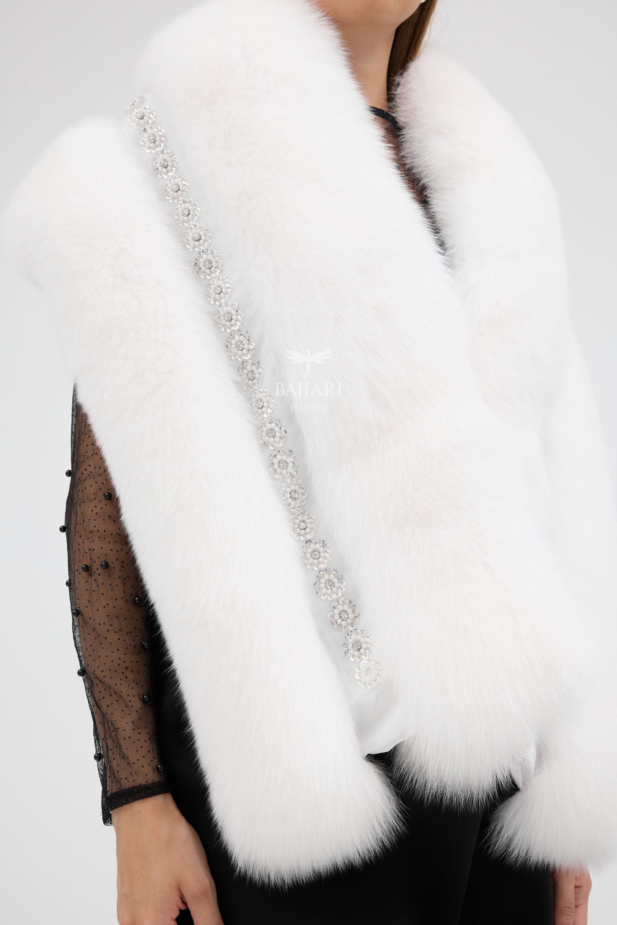 Special Stone Embroidered White Fox Fur Shawl