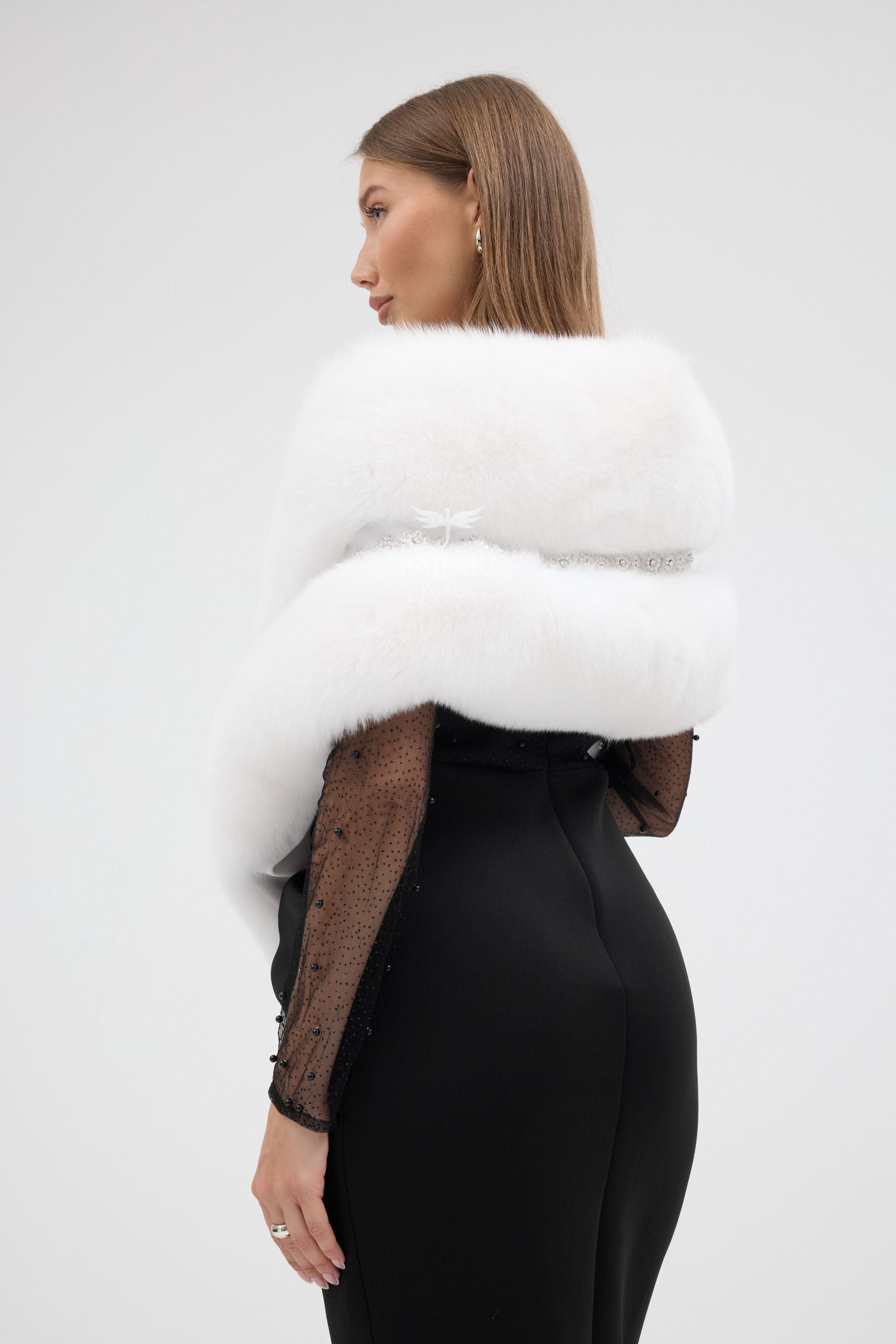 Special Stone Embroidered White Fox Fur Shawl