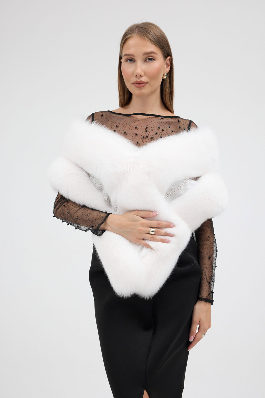 Special Stone Embroidered White Fox Fur Shawl