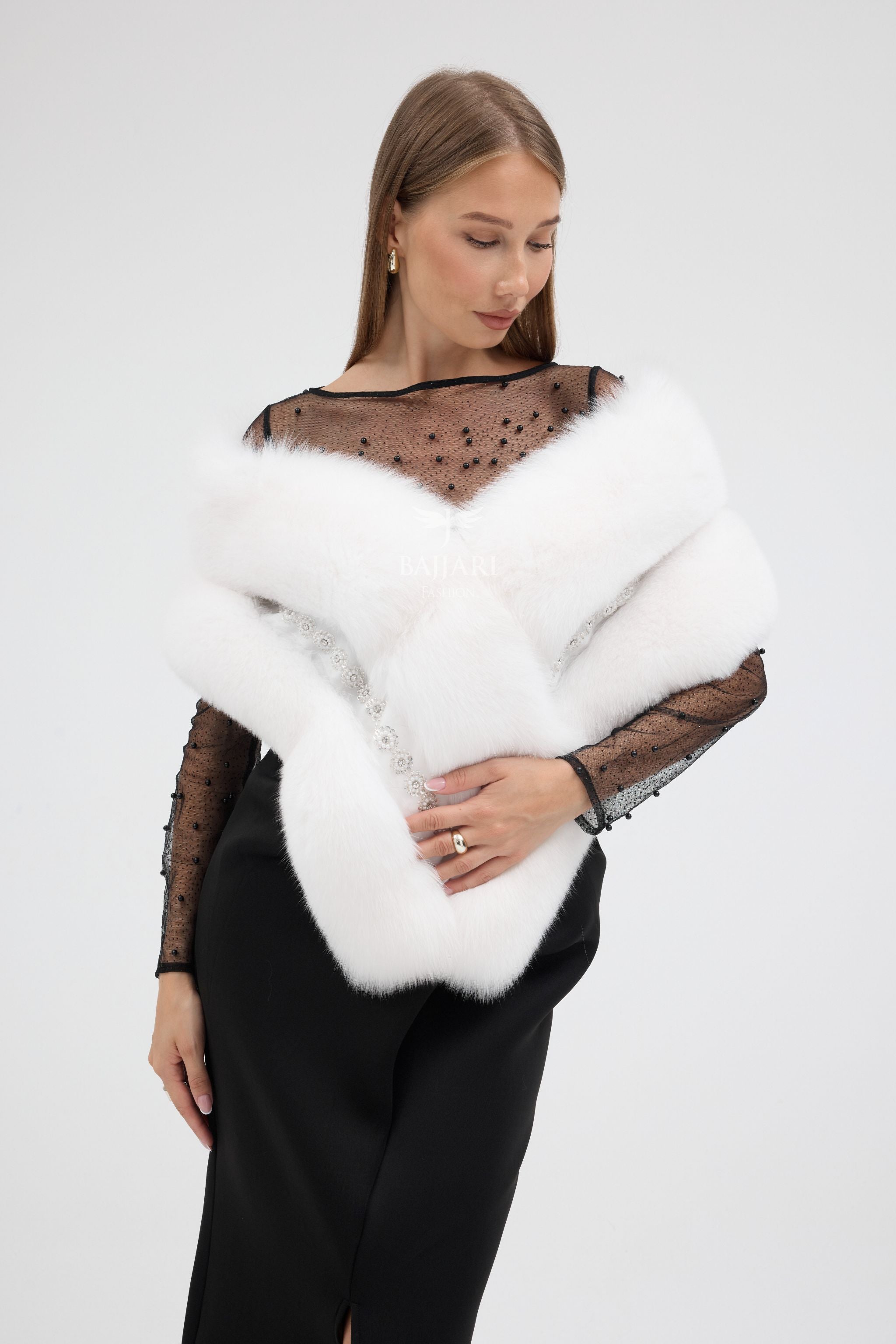 Special Stone Embroidered White Fox Fur Shawl