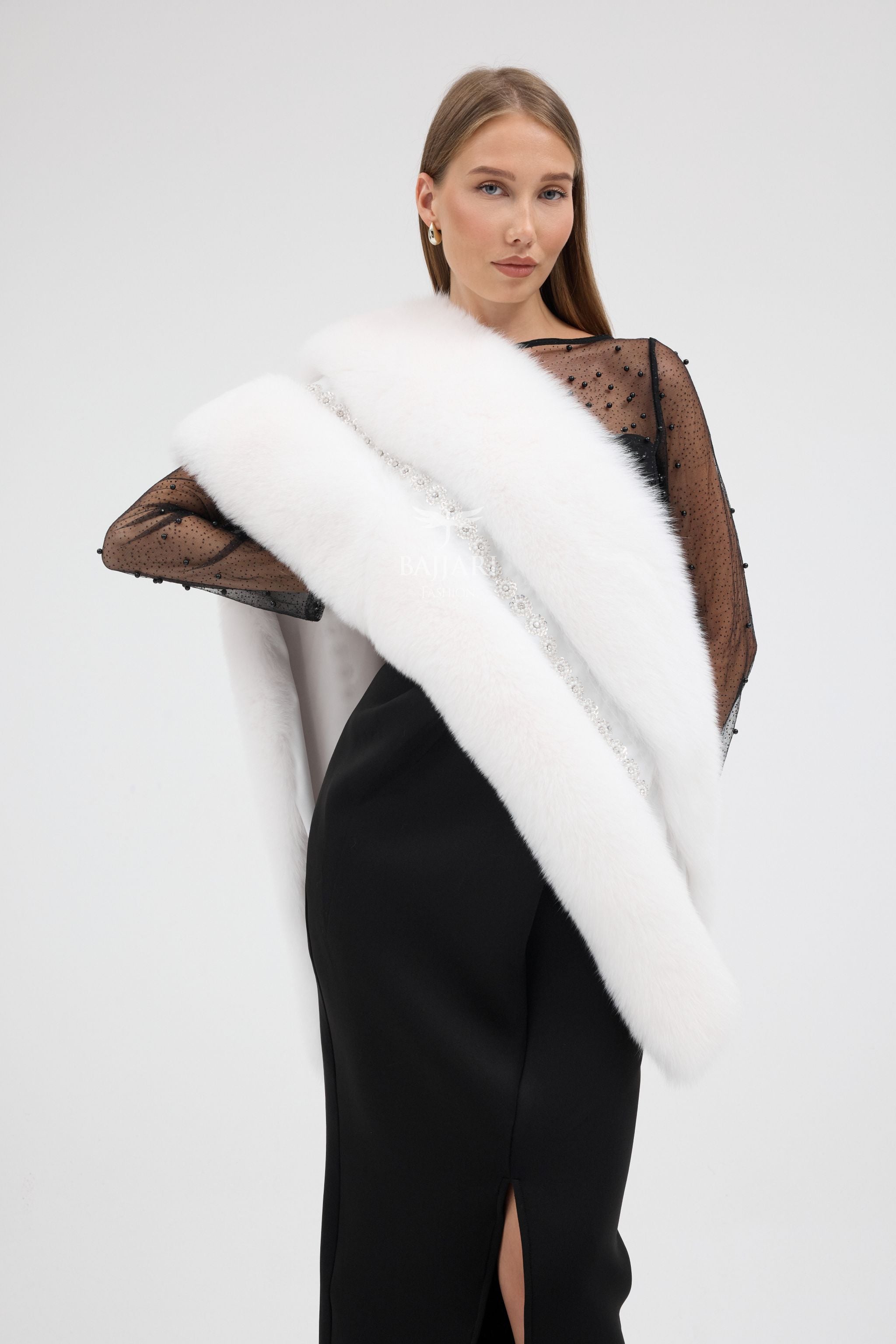 Special Stone Embroidered White Fox Fur Shawl