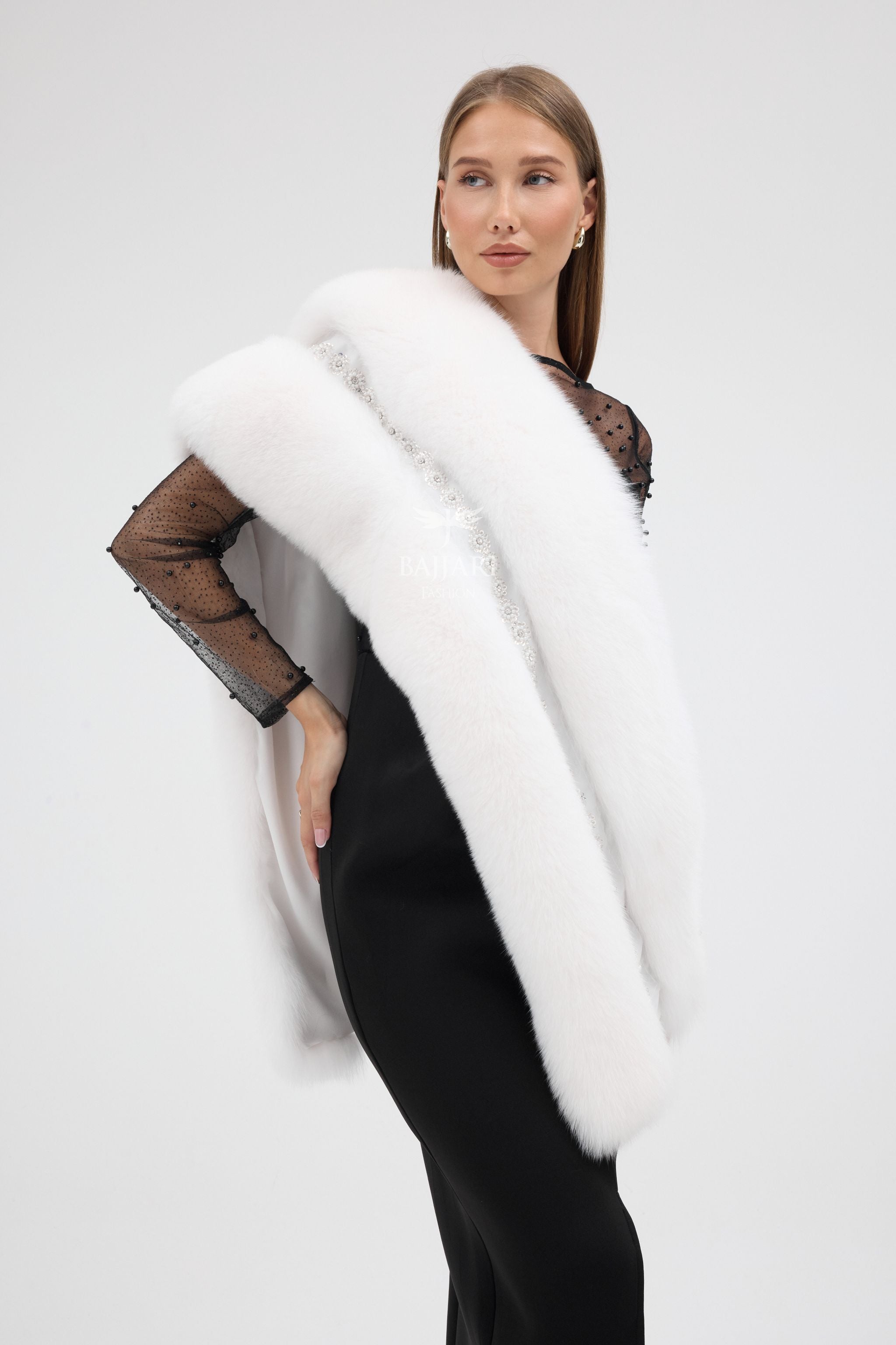 Special Stone Embroidered White Fox Fur Shawl