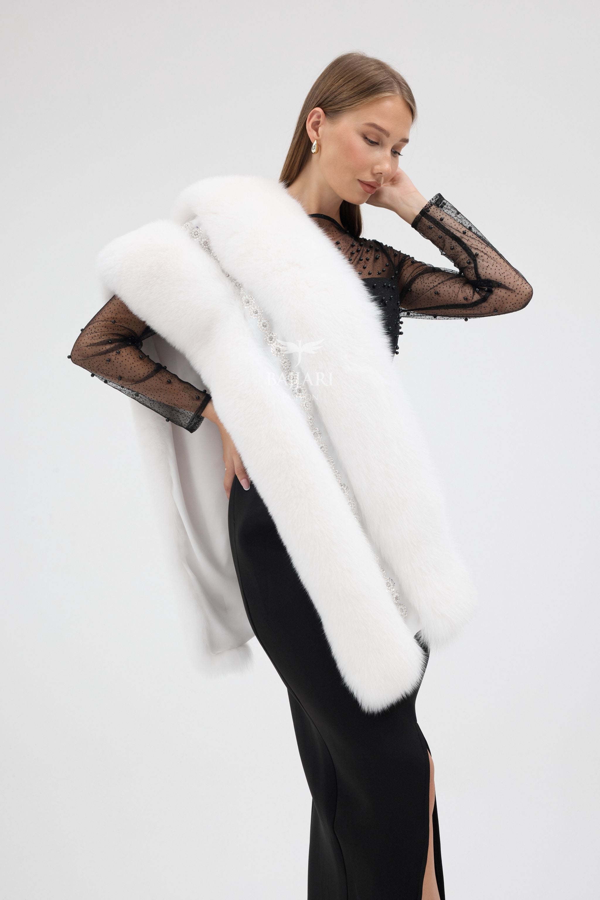 Special Stone Embroidered White Fox Fur Shawl