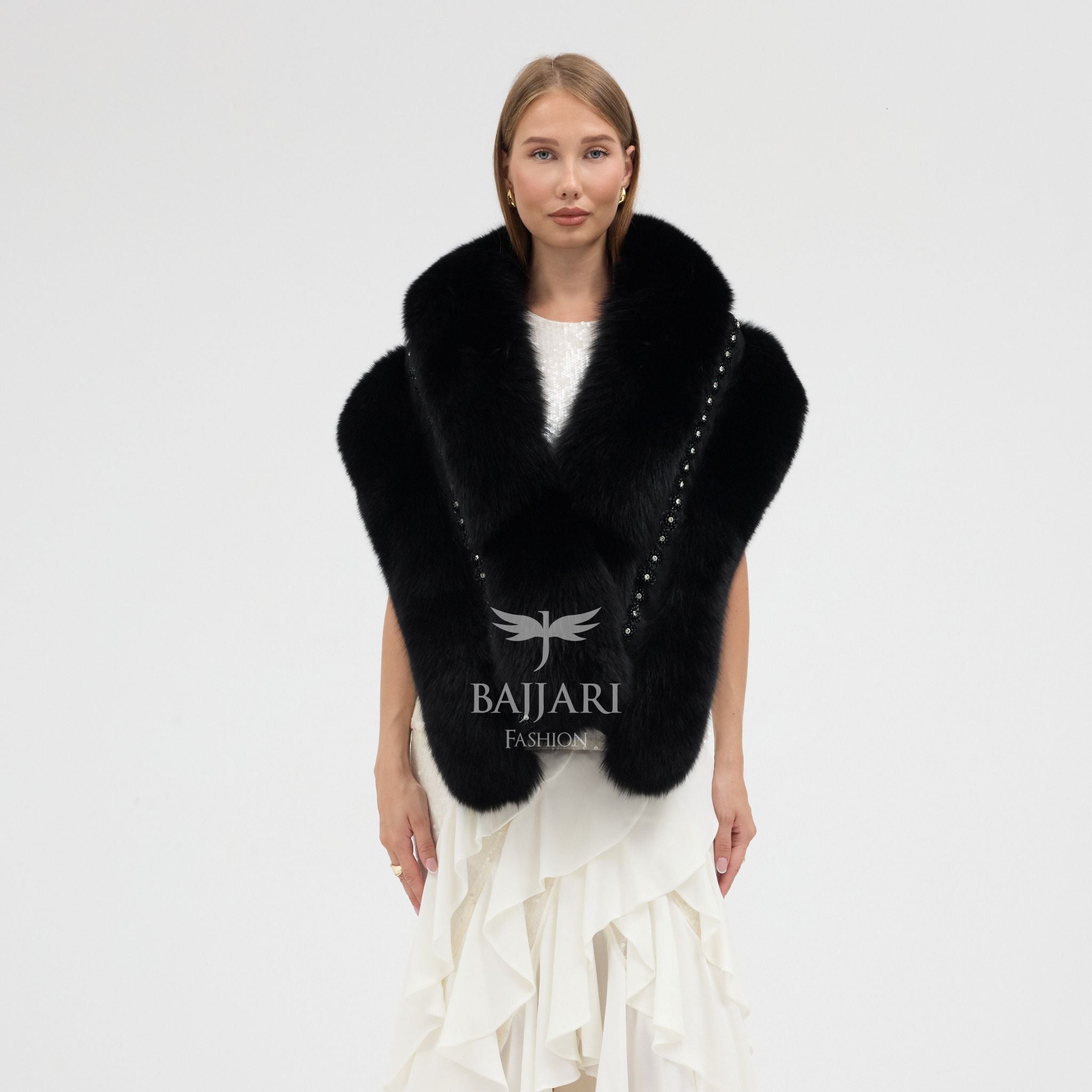 Special Stone Embroidered Black Fox Fur Shawl